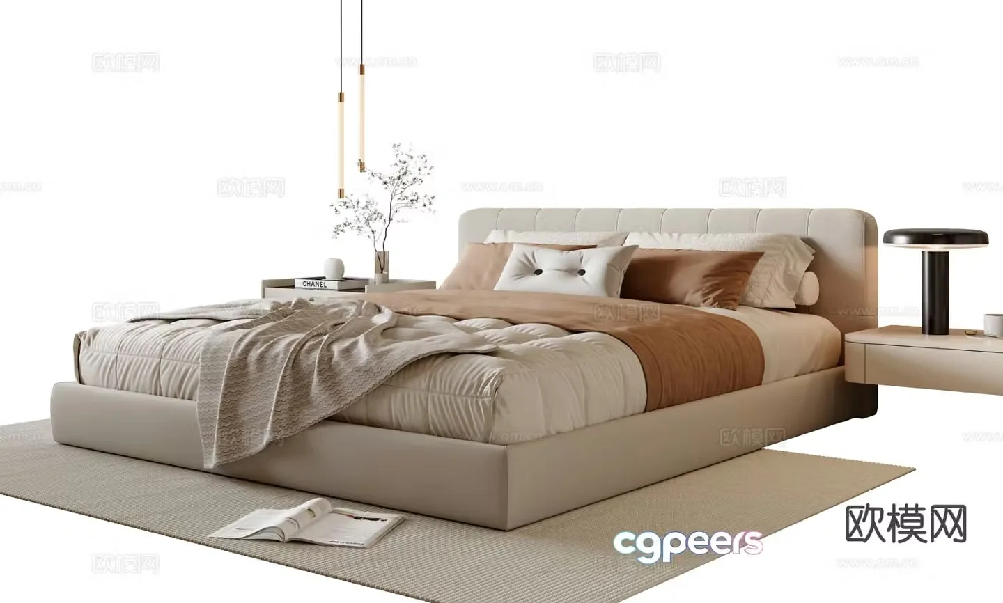 Cream style double bed 3d model