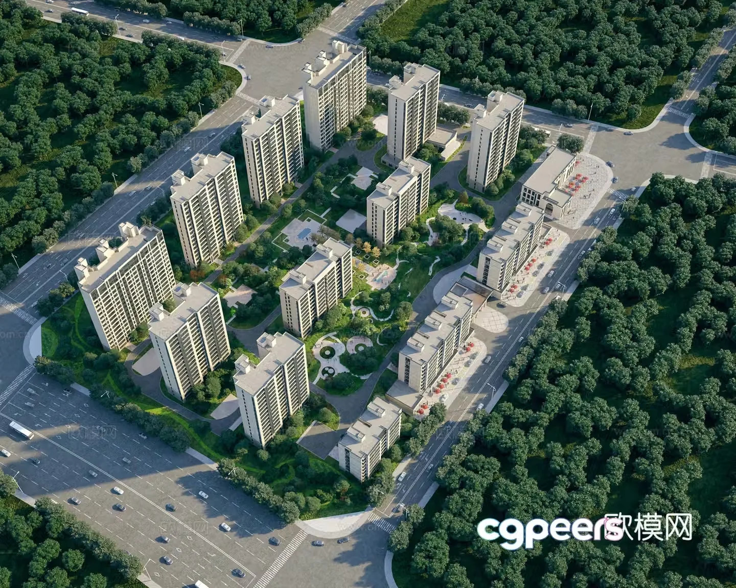 A bird’s eye view of modern residential community 3D model
