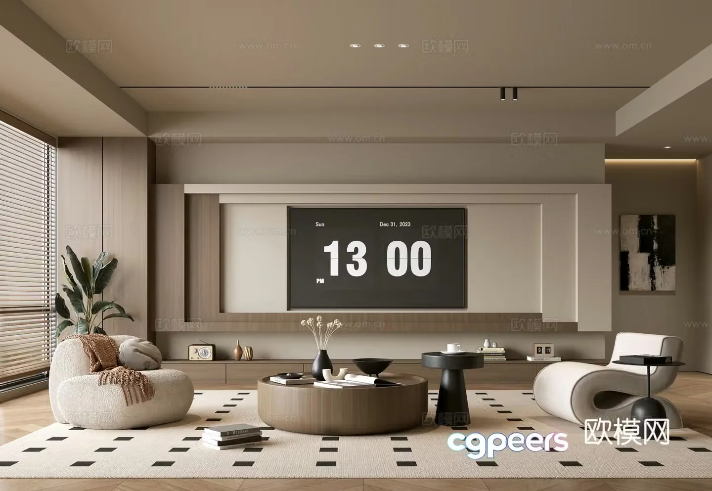 The ancient TV background wall of the TV cabinet and the background wall of the modern Wasabi style living room The ancient style 3D model