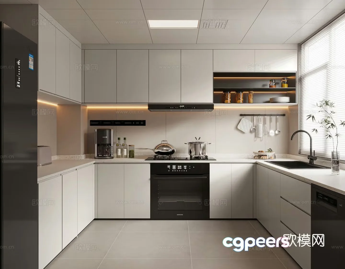 Modern cream kitchen cabinet kitchen utensils stove refrigerator kitchen appliances 3d model