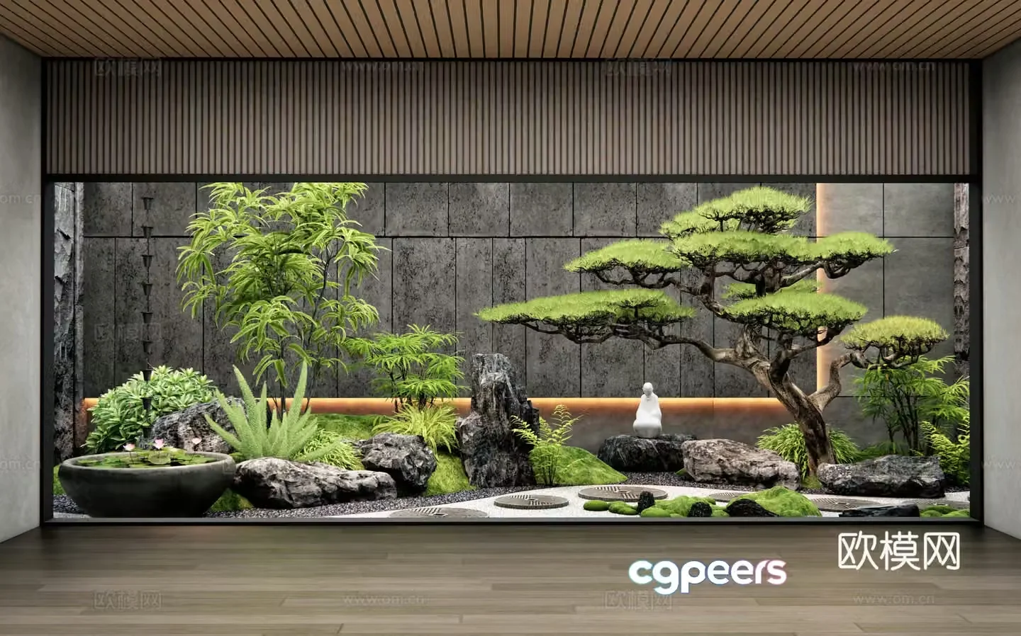 New Chinese style patio courtyard sketch Indoor landscape landscaping Tingwalk Stone Moss Plant landscaping 3D model