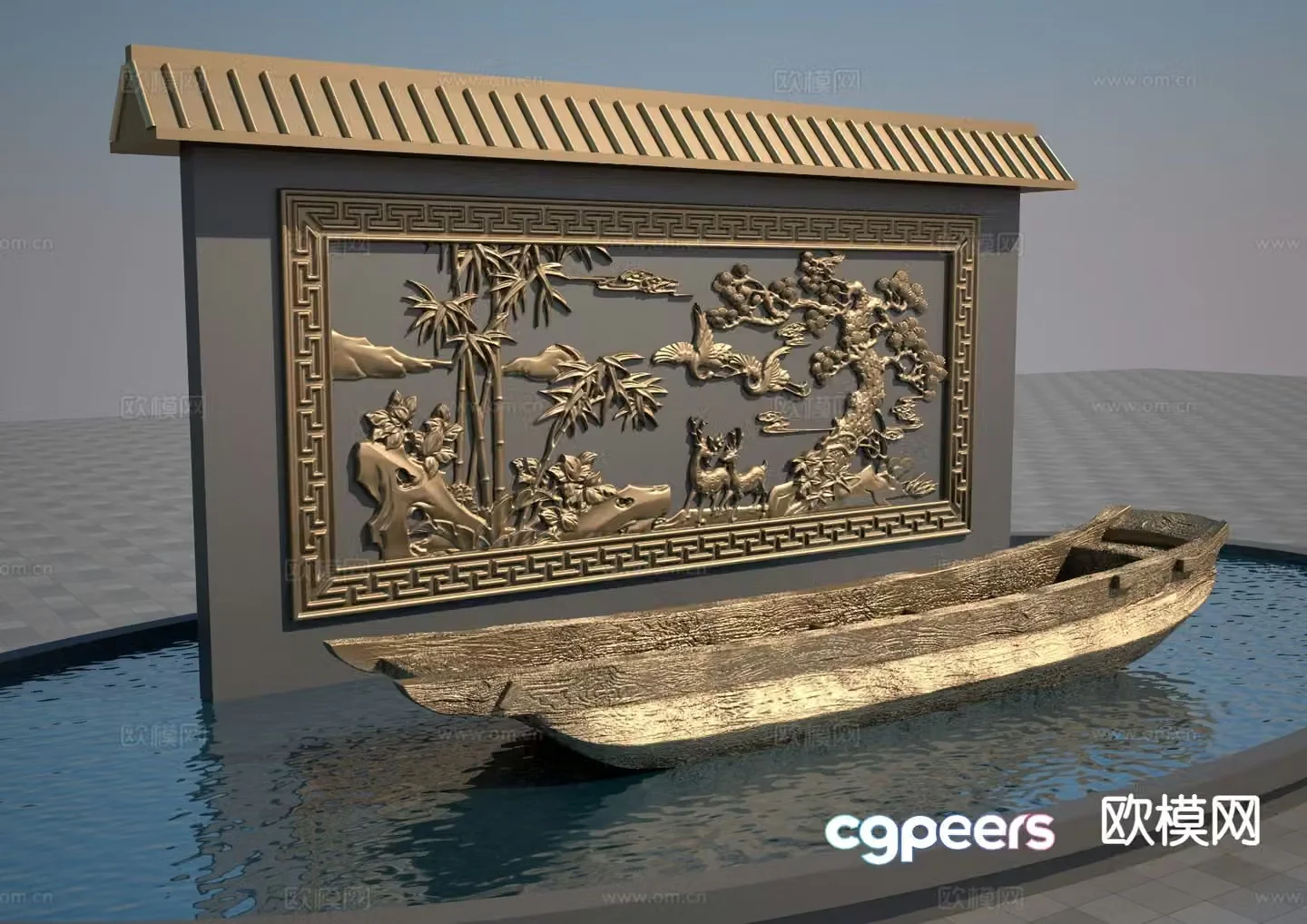 Landscape landscape relief wooden boat sculpture landscape 3d model