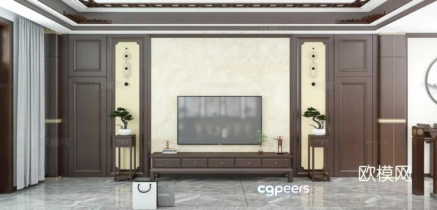 New Chinese TV background wall TV cabinet flower stand invisible door 3D model
