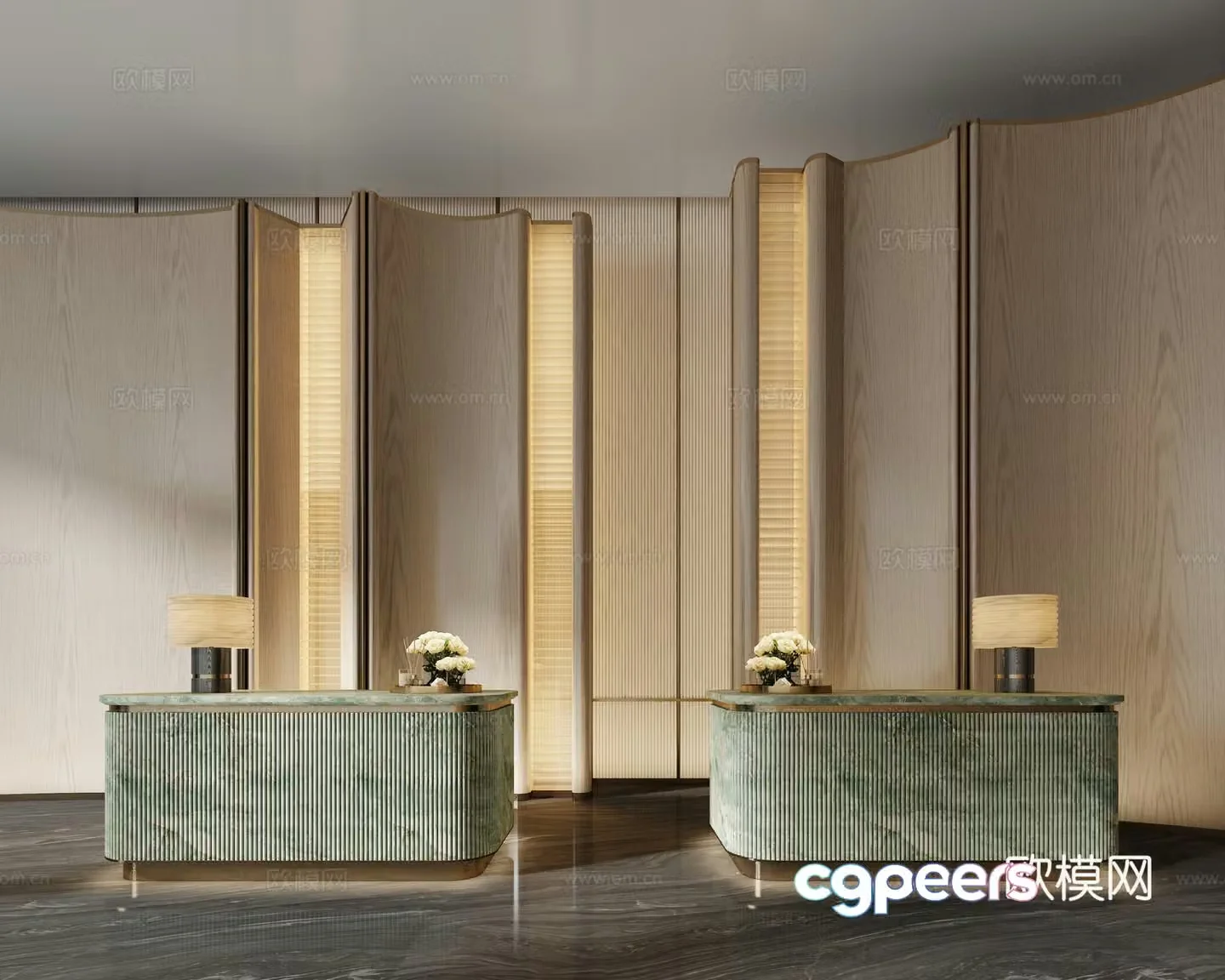 Modern hotel front desk end view terrace 3d model