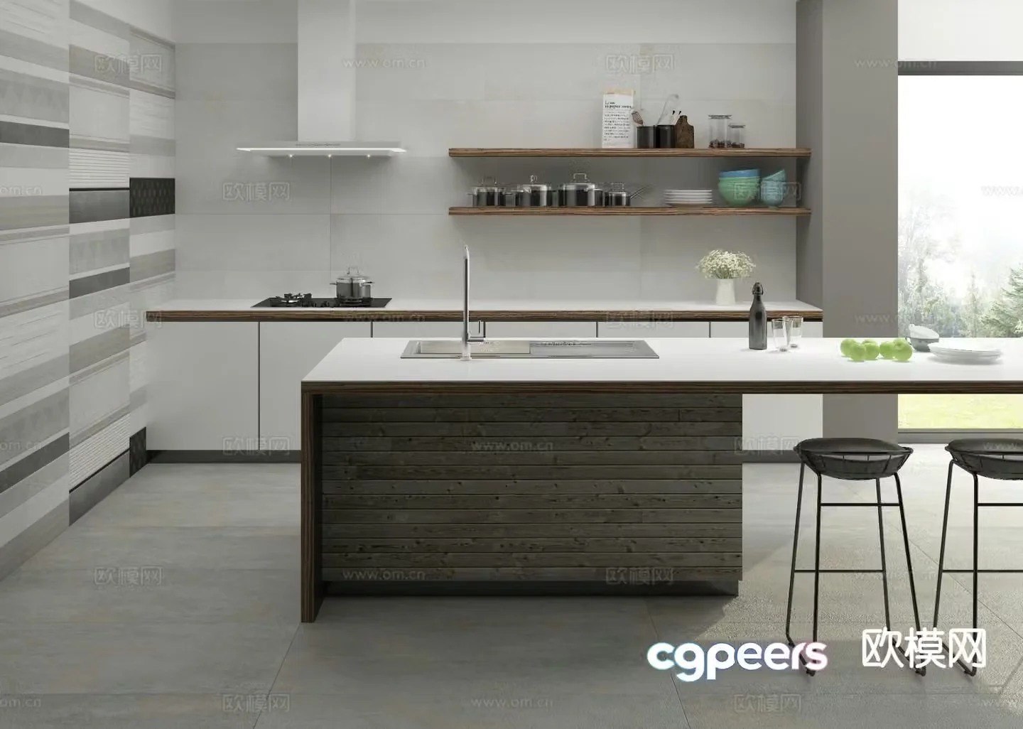 Open kitchen island kitchen 3d model