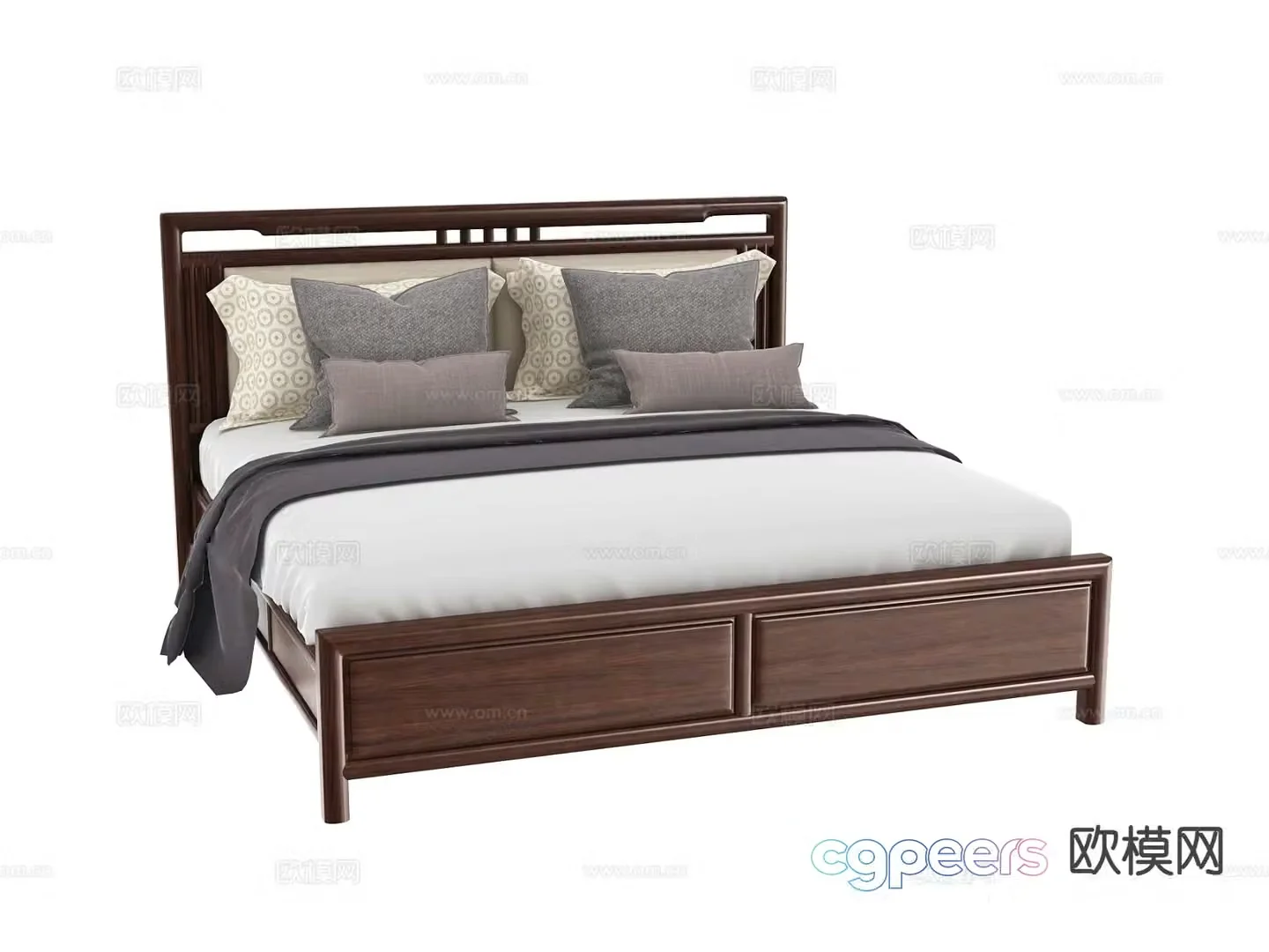 New Chinese style double bed walnut bed 3d model