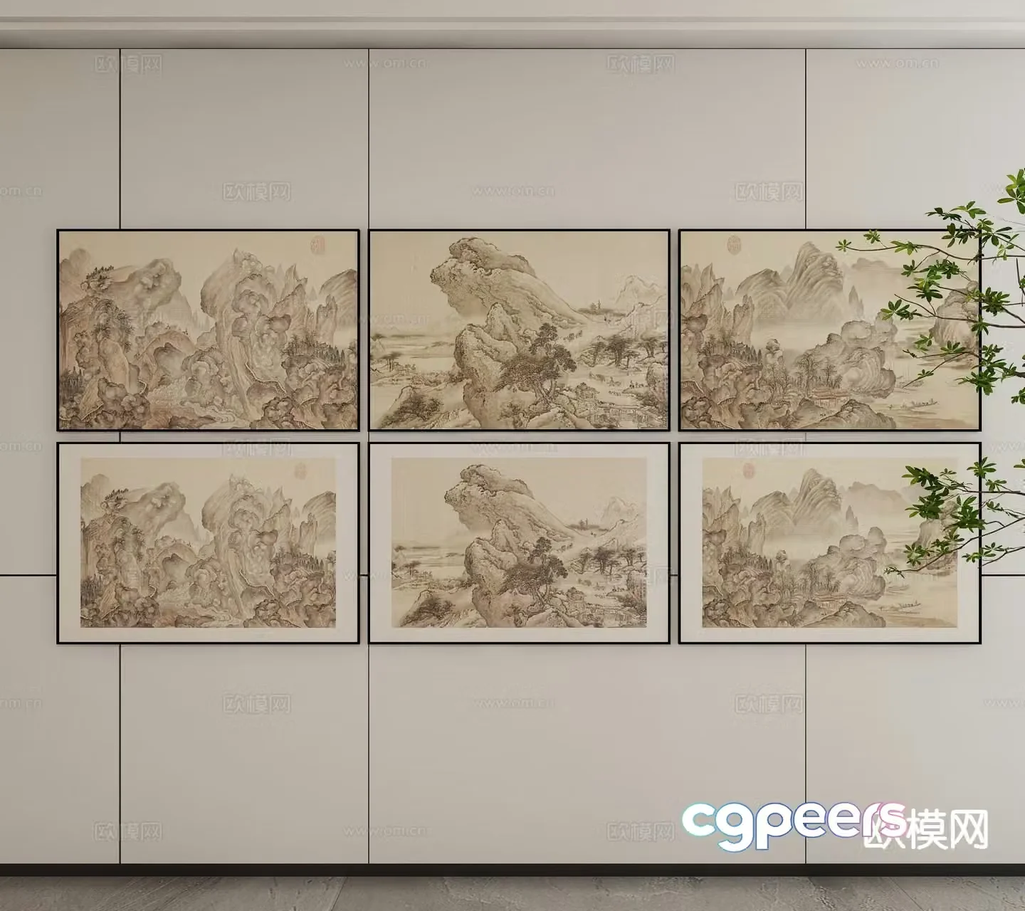 New Chinese style landscape painting decorative painting 3D model