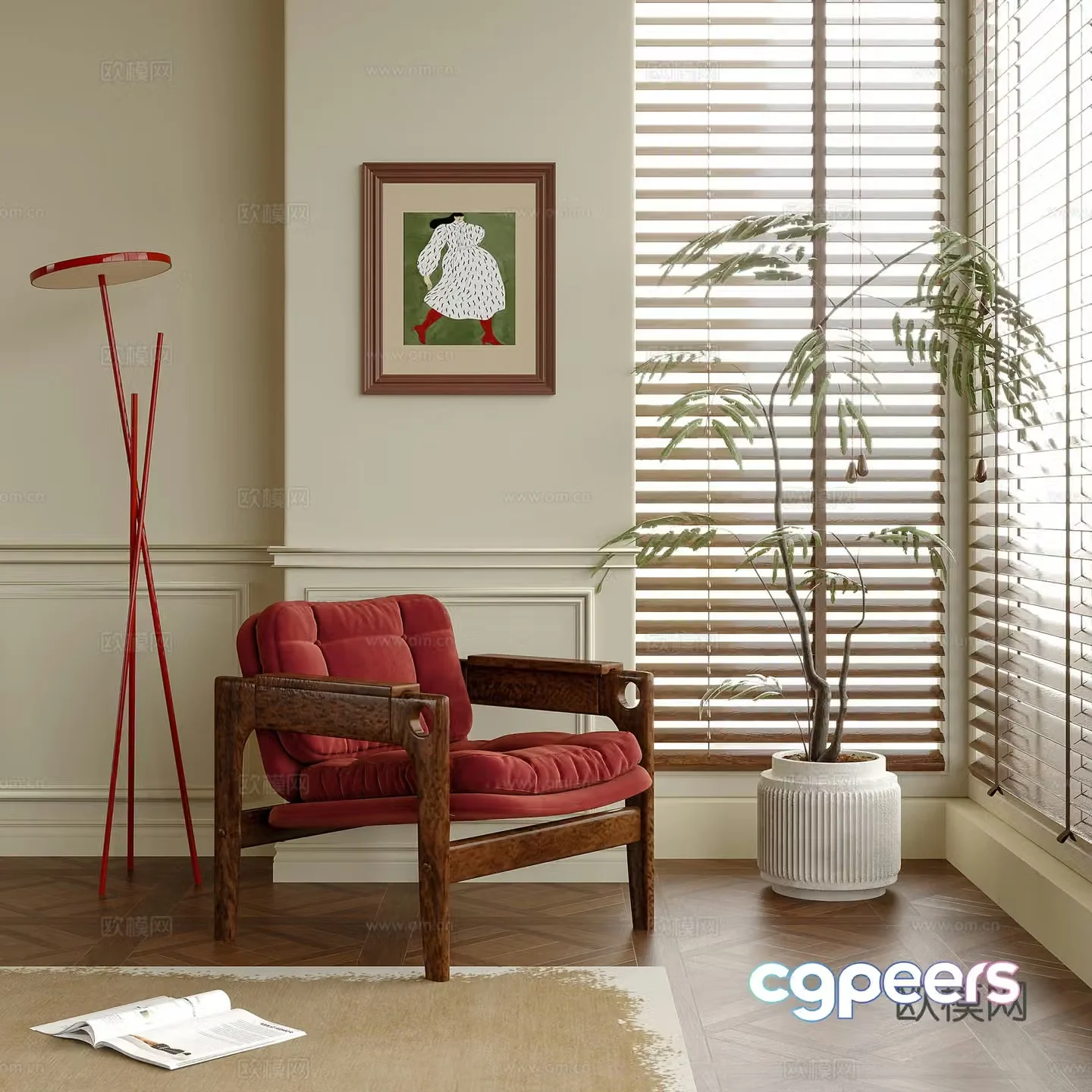Modern leisure chair single chair single sofa floor lamp green plant 3d model