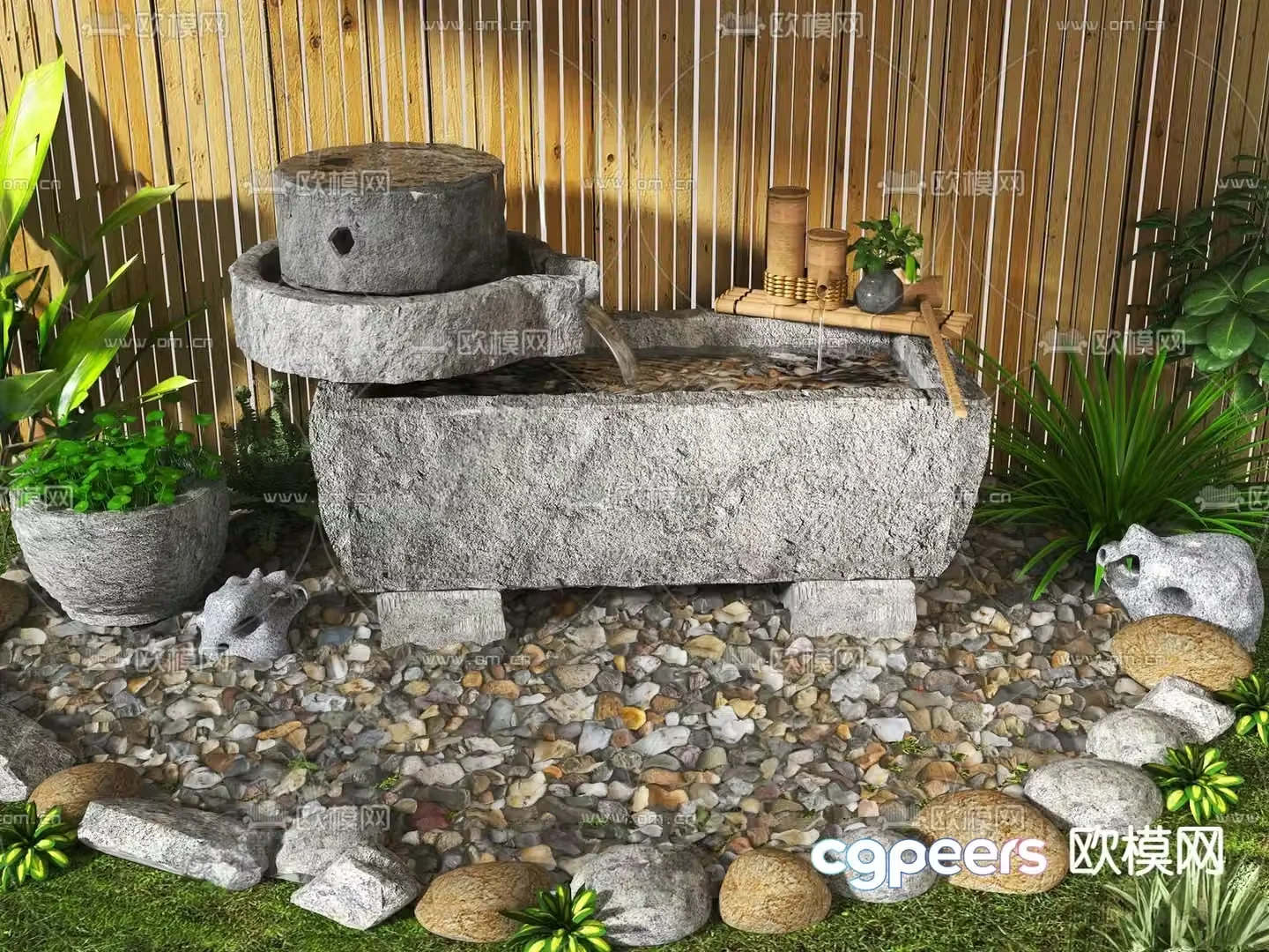 New Chinese style flowing water ornaments stone mortar water feature 3D model