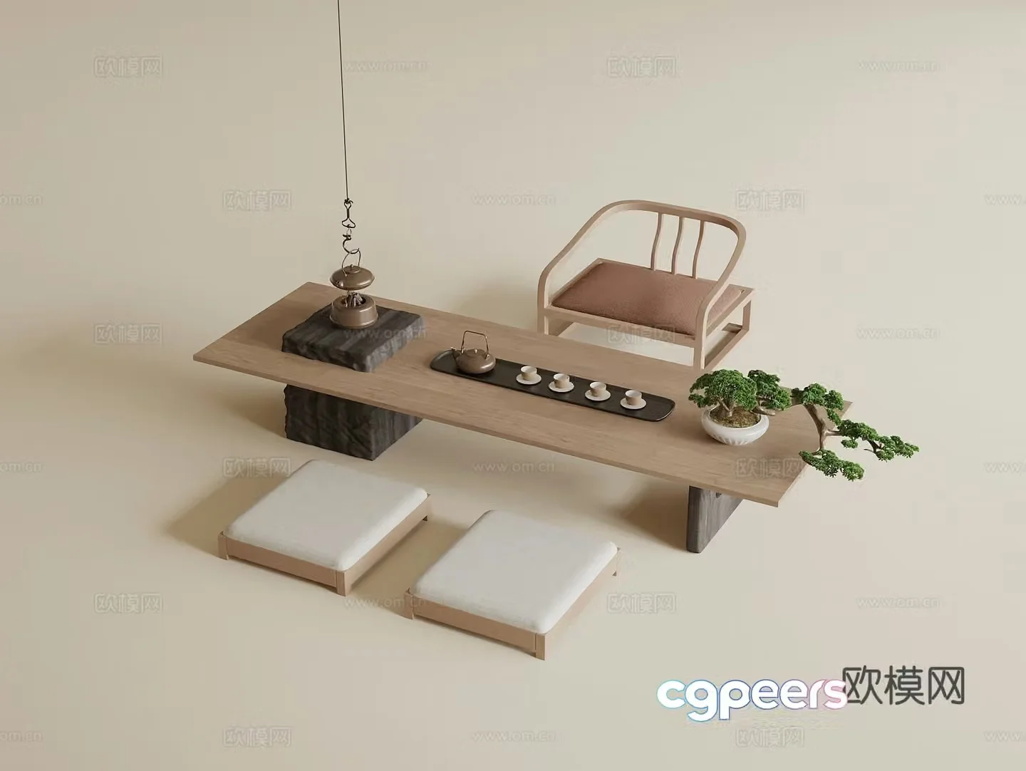 New Chinese-style tatami tea table and chairs cushions tatami tea room tea set hanging teapot 3D model