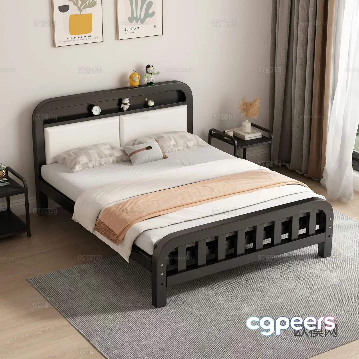 Nordic double bed with bedside table backrest soft iron bed master bedroom bed bedside table decorative painting 3D model