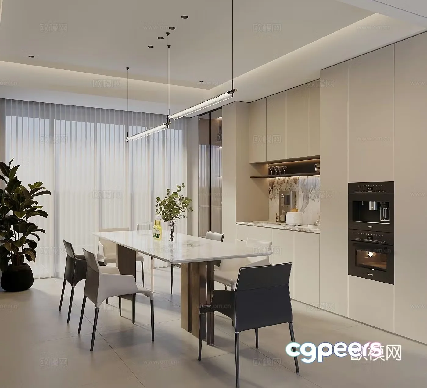 Modern cream style restaurant dining table and chair combination wine cabinet sideboard art chandeliers 3D model