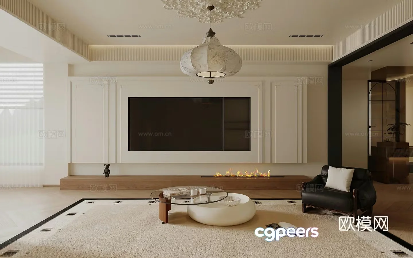 French living room TV background wall fireplace medieval living room living dining chandeliers leisure chair 3d model