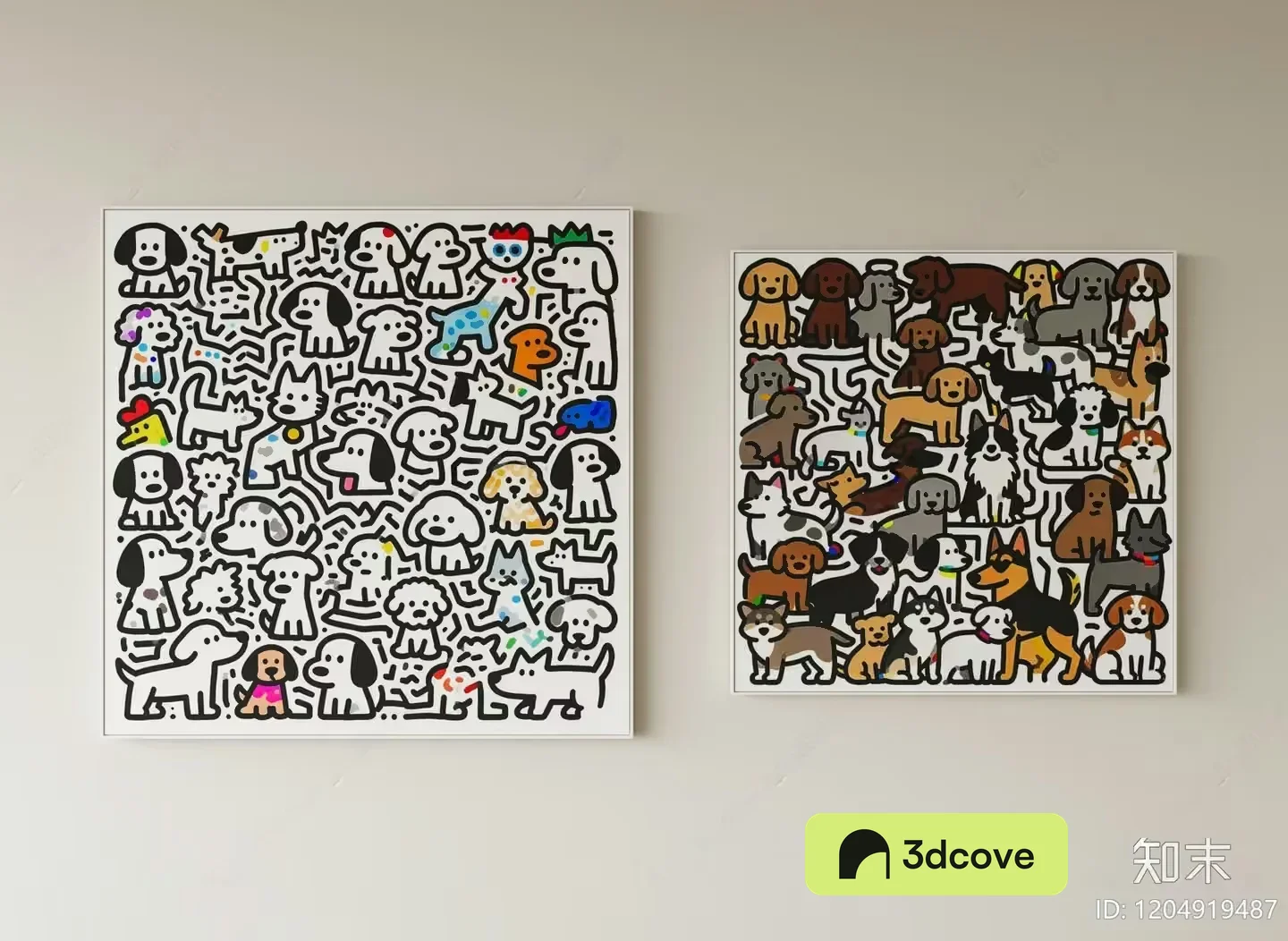 Two Cartoon Dog Paintings On The Wall