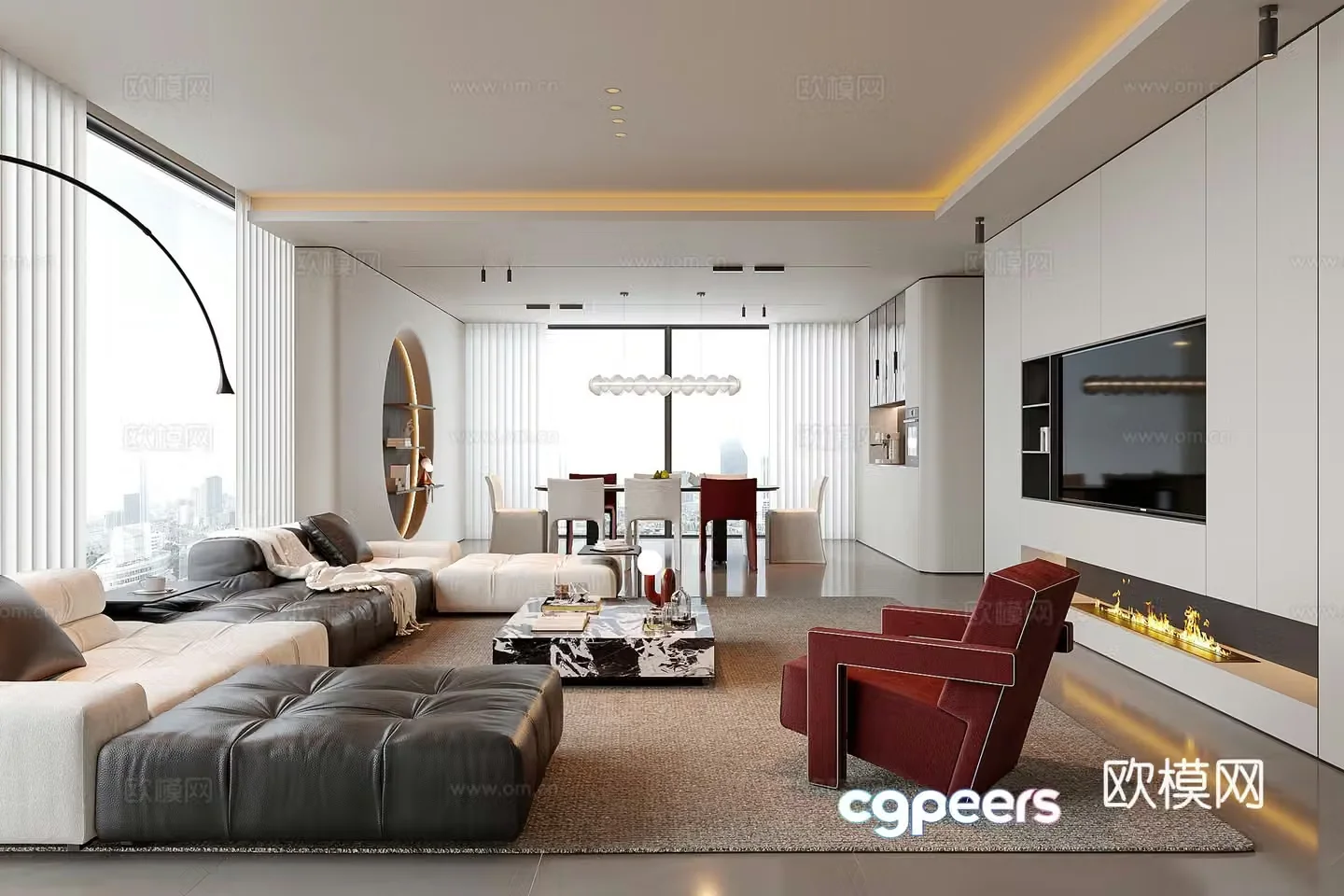 Modern living room living and dining room sofa coffee table dining table chairs 3D model