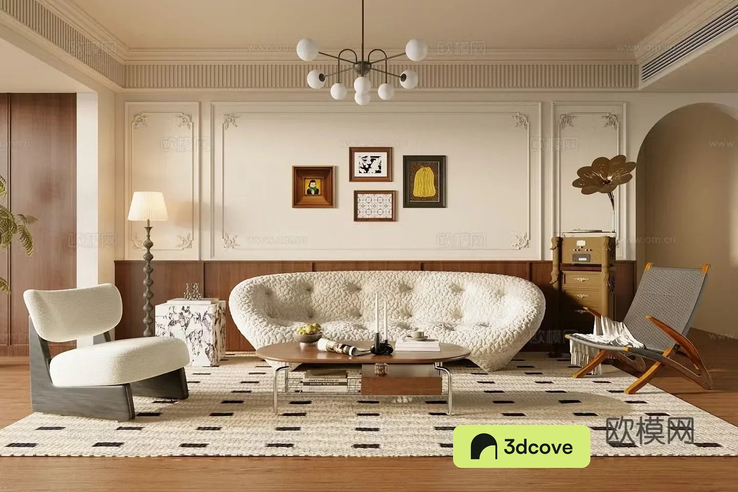 Medium-old home living room small living room sofa and coffee table combination 3D model