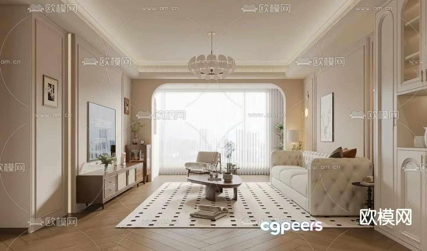 French living room creamy style dining room 3d model