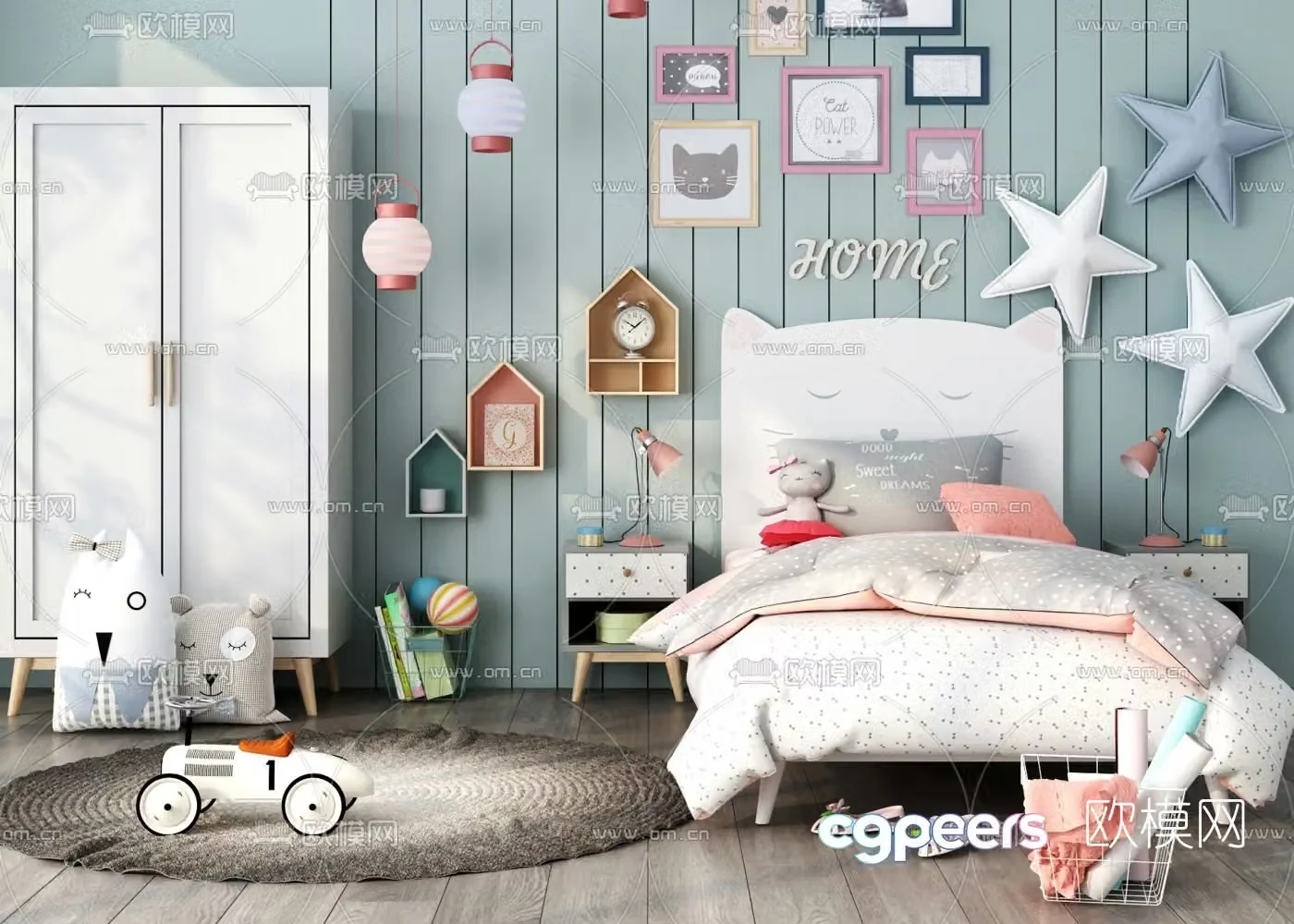 Nordic children’s single bed wardrobe 3d model