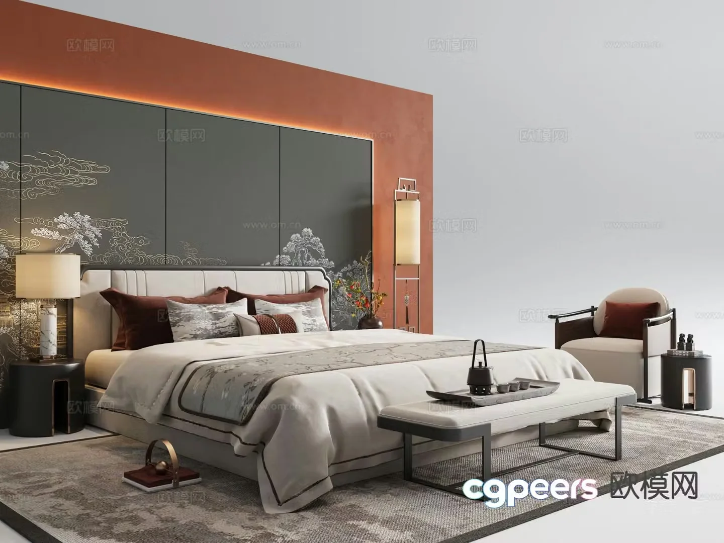 New Chinese style double bed 3d model