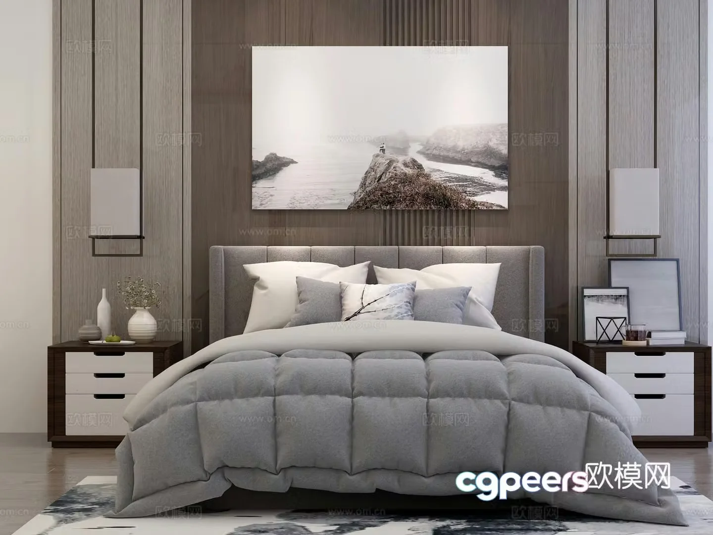 Modern double bed wall decoration bedside table chandeliers decorative paintings decorations chest of drawers 3d model