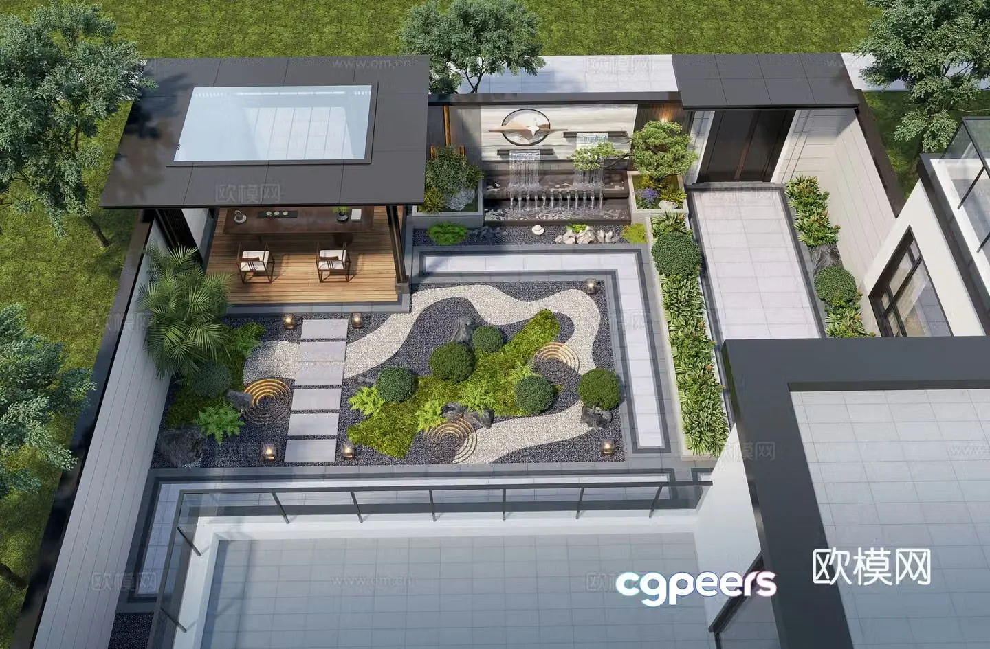 New Chinese style courtyard landscape family courtyard landscape sketch pavilion rockery waterscape landscape wall 3D model