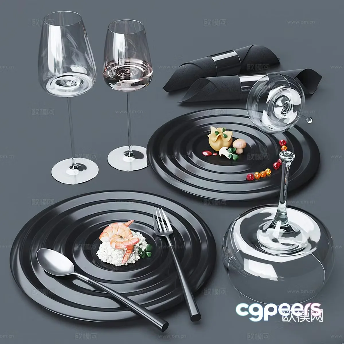 Simple tableware tableware combination dining tableware decorations knife and fork bowl and dish glass wine glass high 3d model