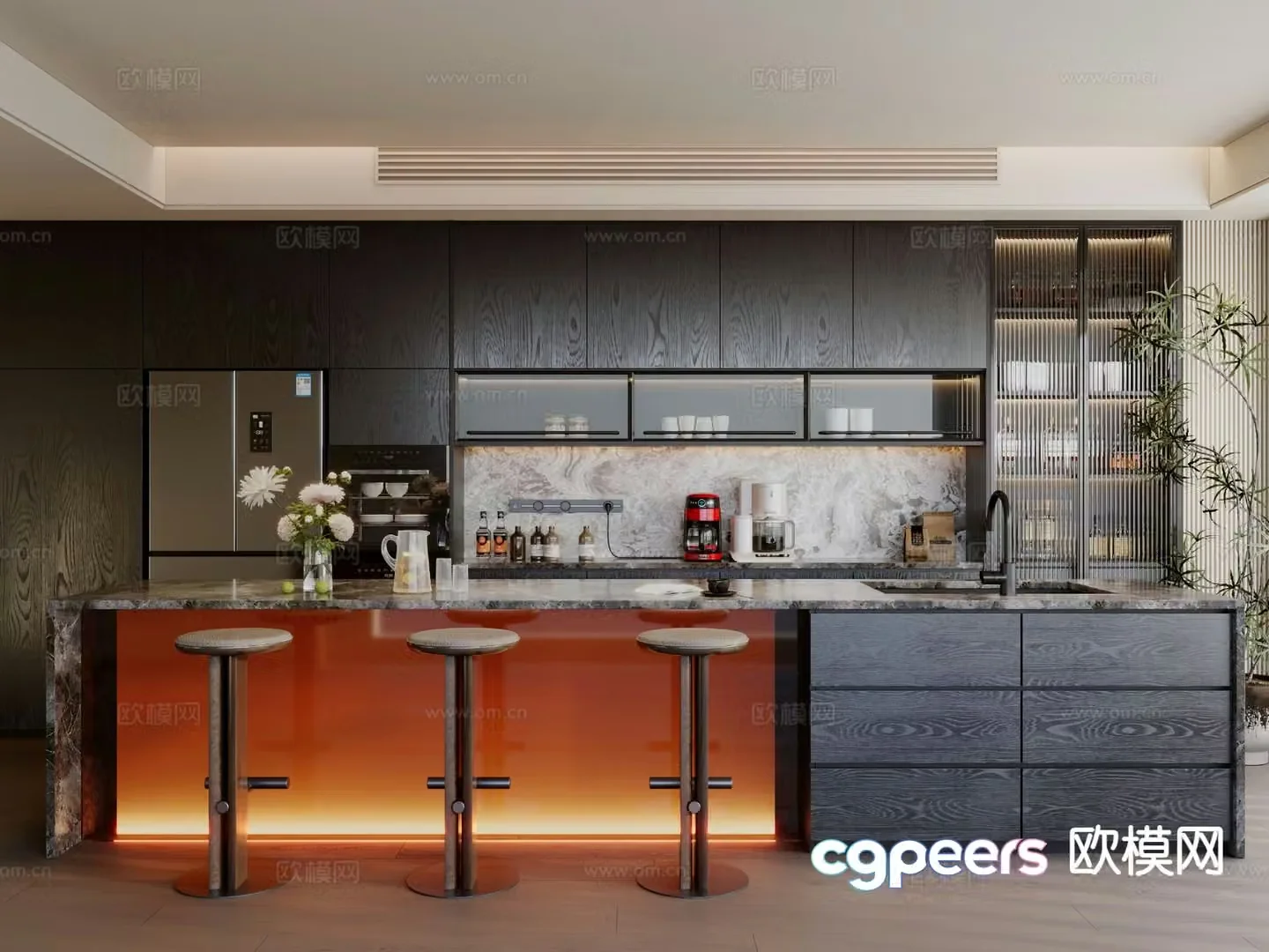 Modern western kitchen island open restaurant 3d model