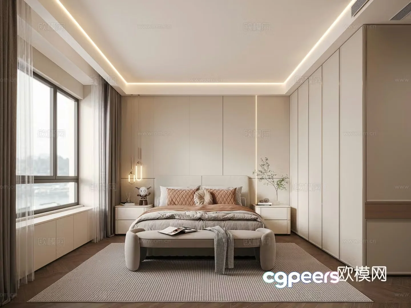 Modern ownerless lamp bedroom fabric bed bed tail collapse nightstand chandeliers wall panel line lamp bay window modern wardrobe 3D model