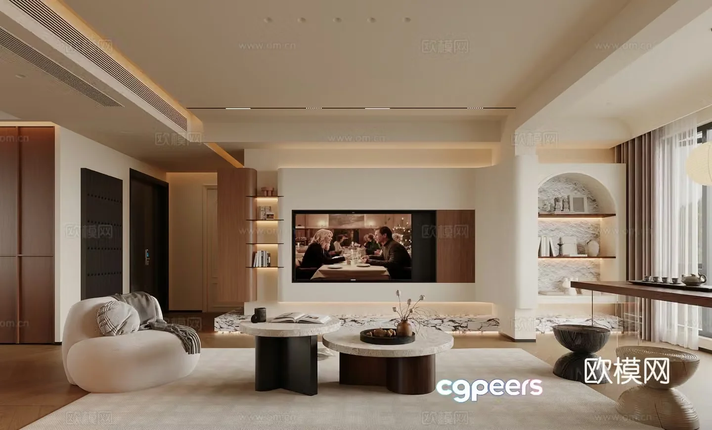 Medium style TV background sofa tea table combination single chair tea table curved bookcase 3d model