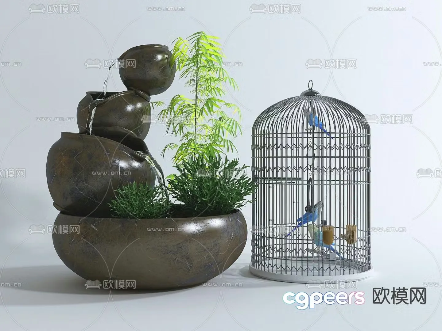 New Chinese style flowing water bowl flower bowl birdcage 3D model