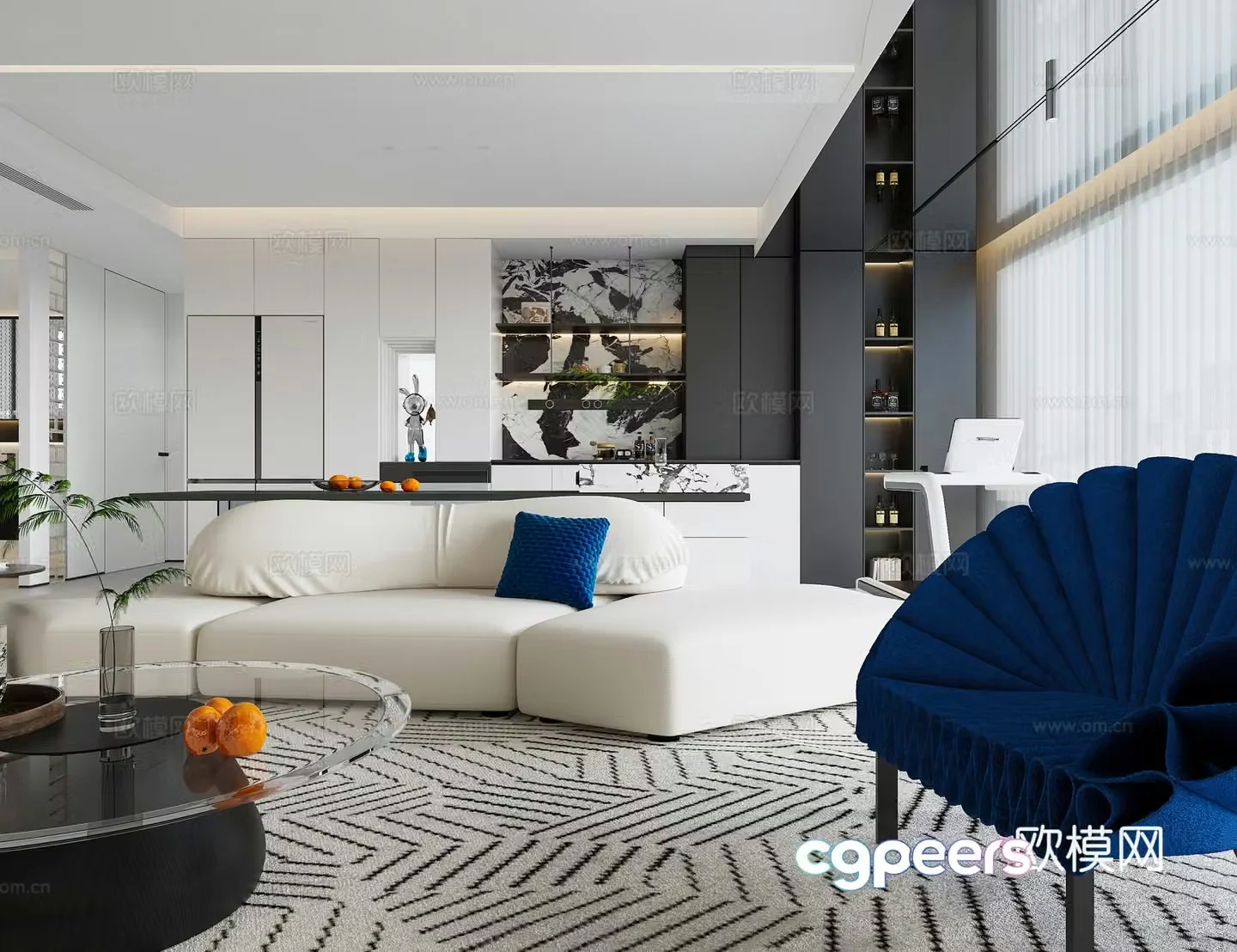 Modern minimalist living room large flat floor black and white and gray living room TV background wall 3d model