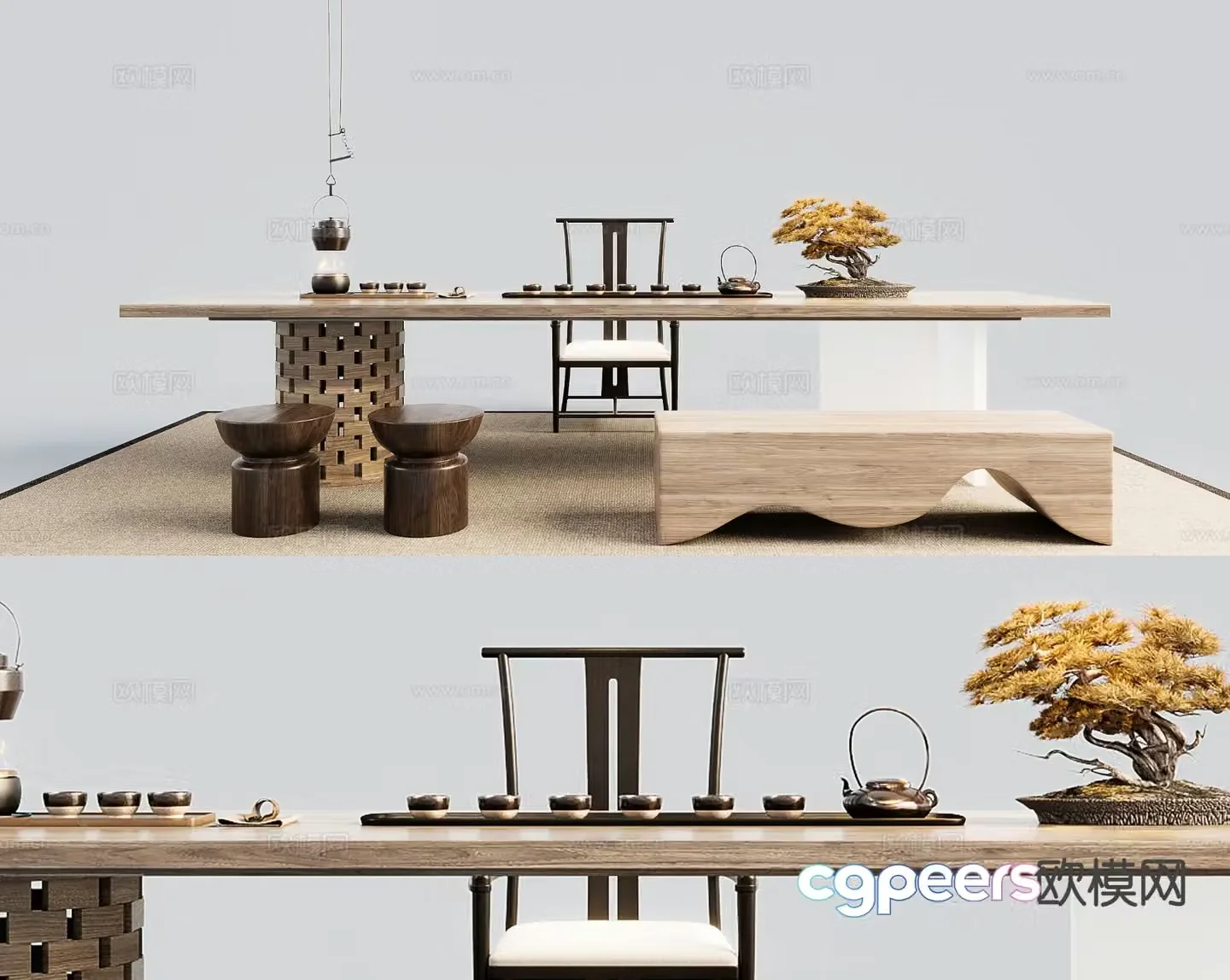 New Chinese tea table and chairs 3d model