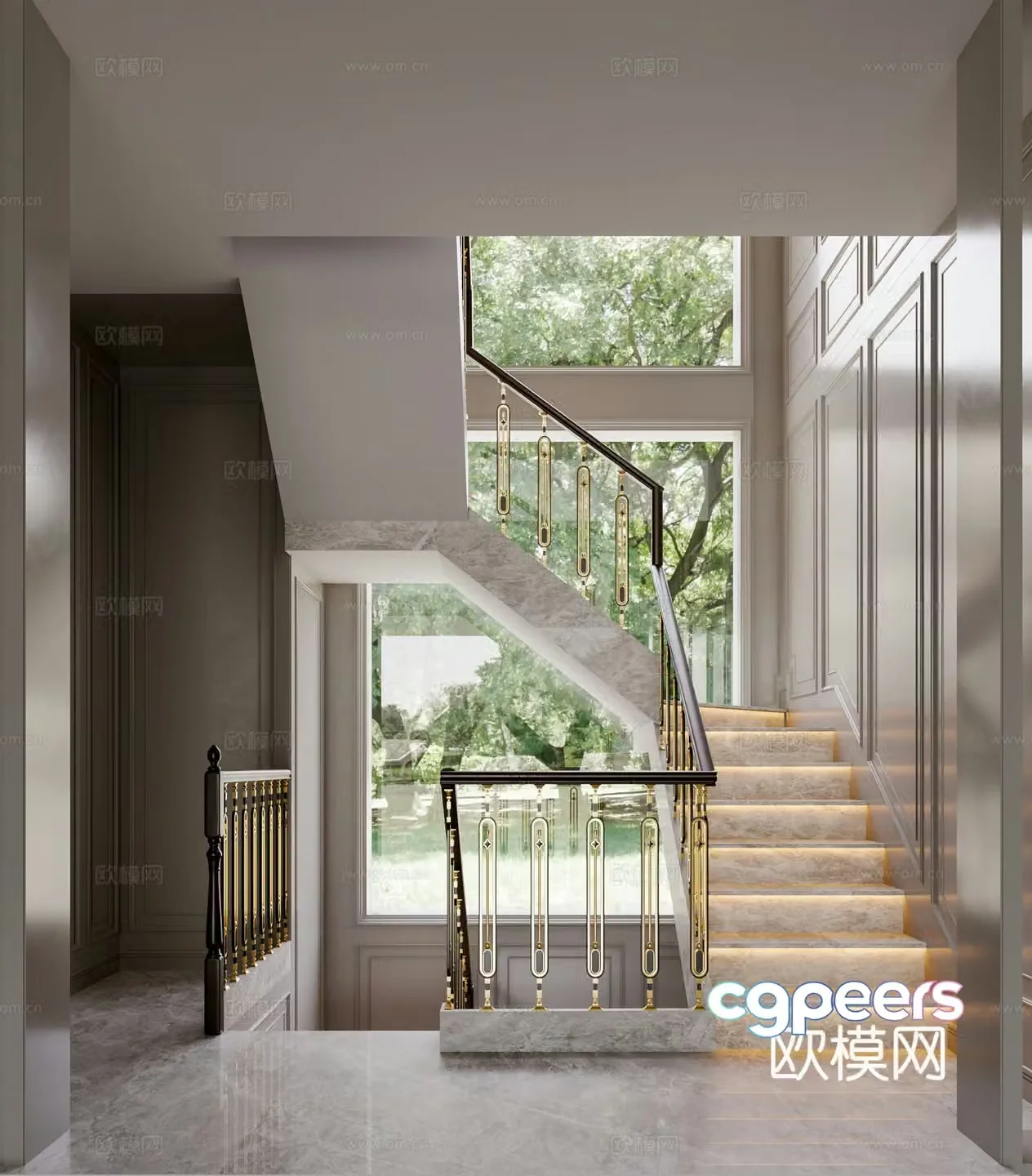 Modern stairwell Special-shaped handrail Wall panel 3D model
