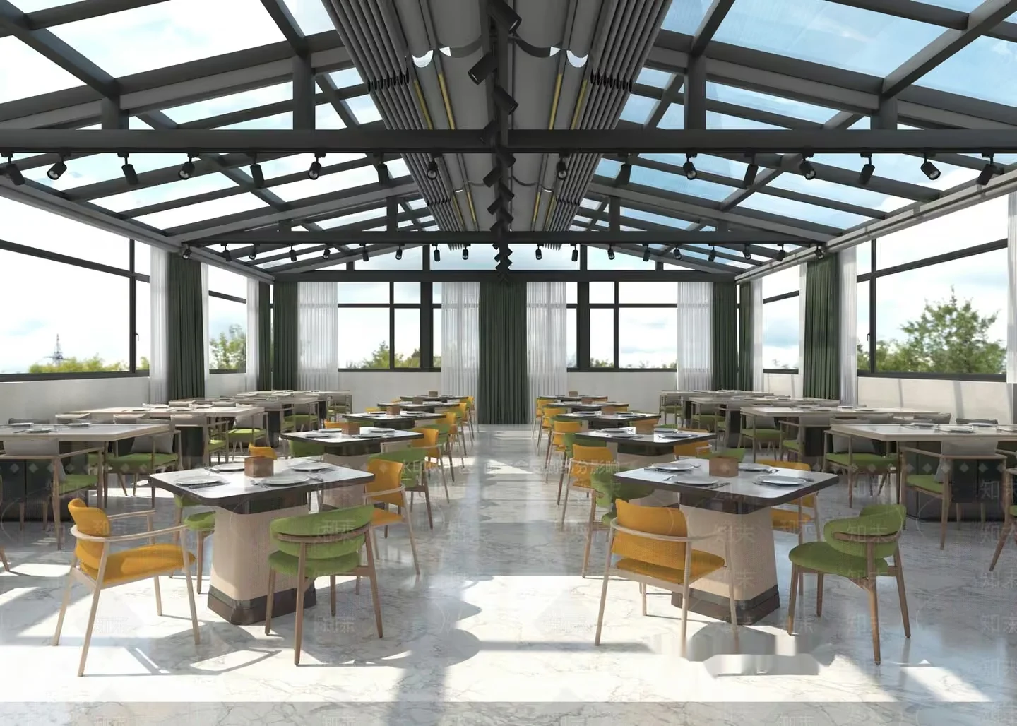 A Large Dining Room With A High Ceiling 3D Model – 10158 – VRAY Render