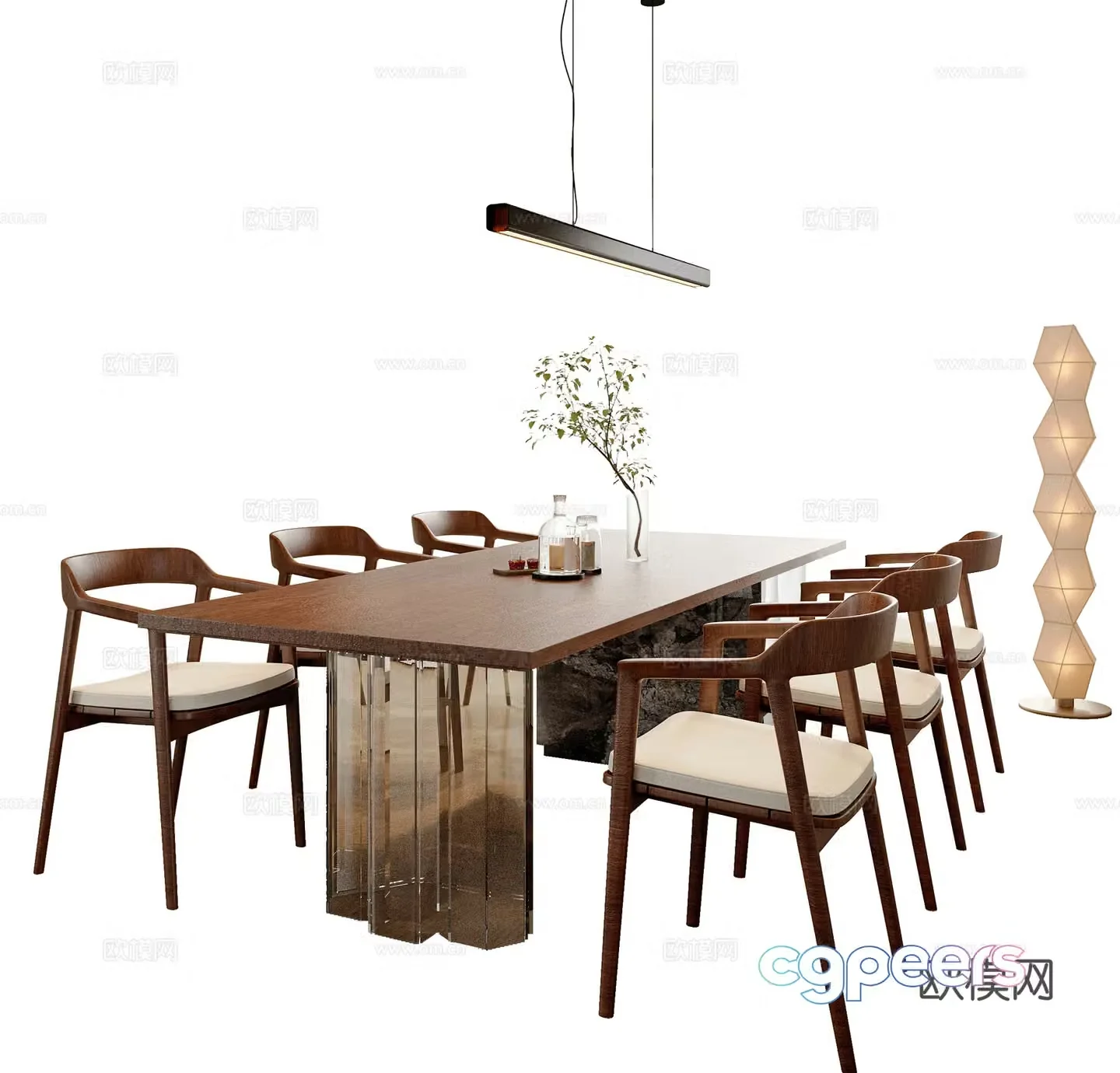 New Chinese Song style dining table and chair combination Floor lamp Dining table Dining chair 3D model