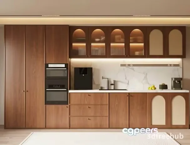 Kitchen With Wooden Cabinets 3D Model – 22213 – VRAY Render