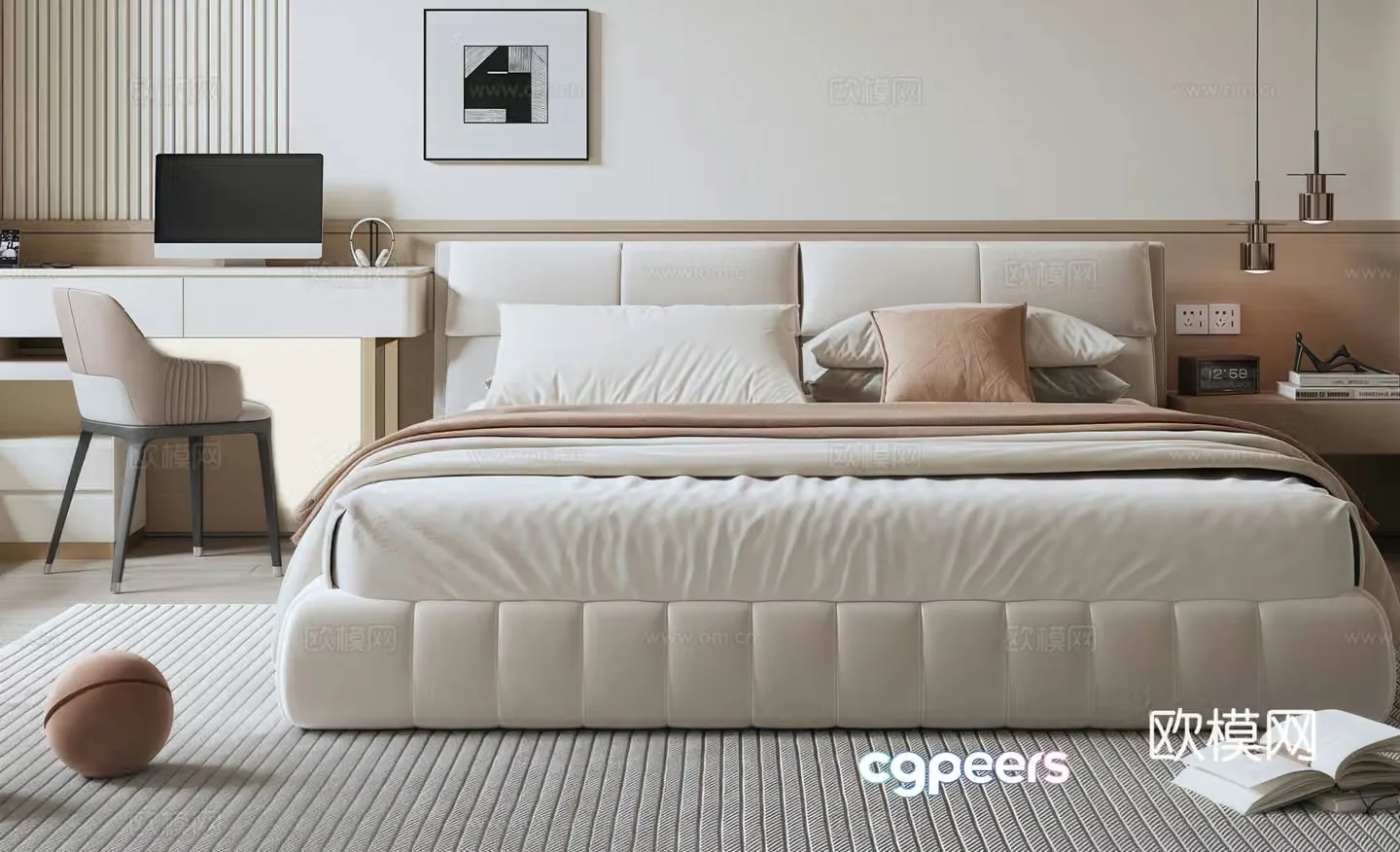 Modern Italian double bed leather bed cloth bed decorative painting wall lamp single chair 3d model