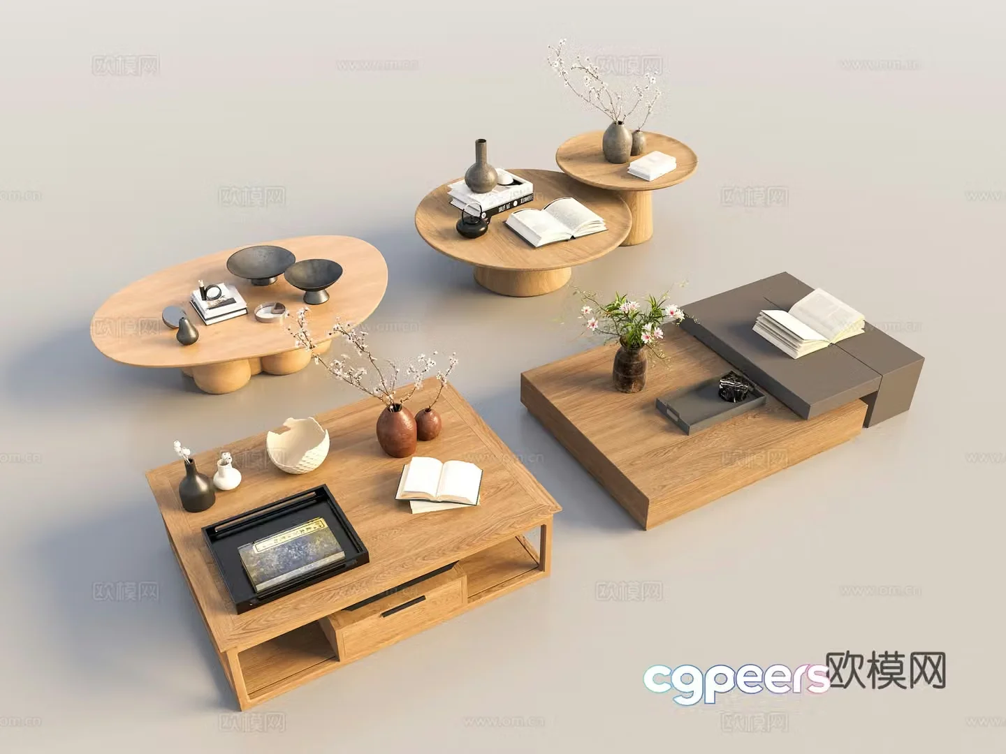 Chinese coffee table combination New Chinese coffee table combination Wavia medieval tea table solid wood coffee table coffee table 3D model