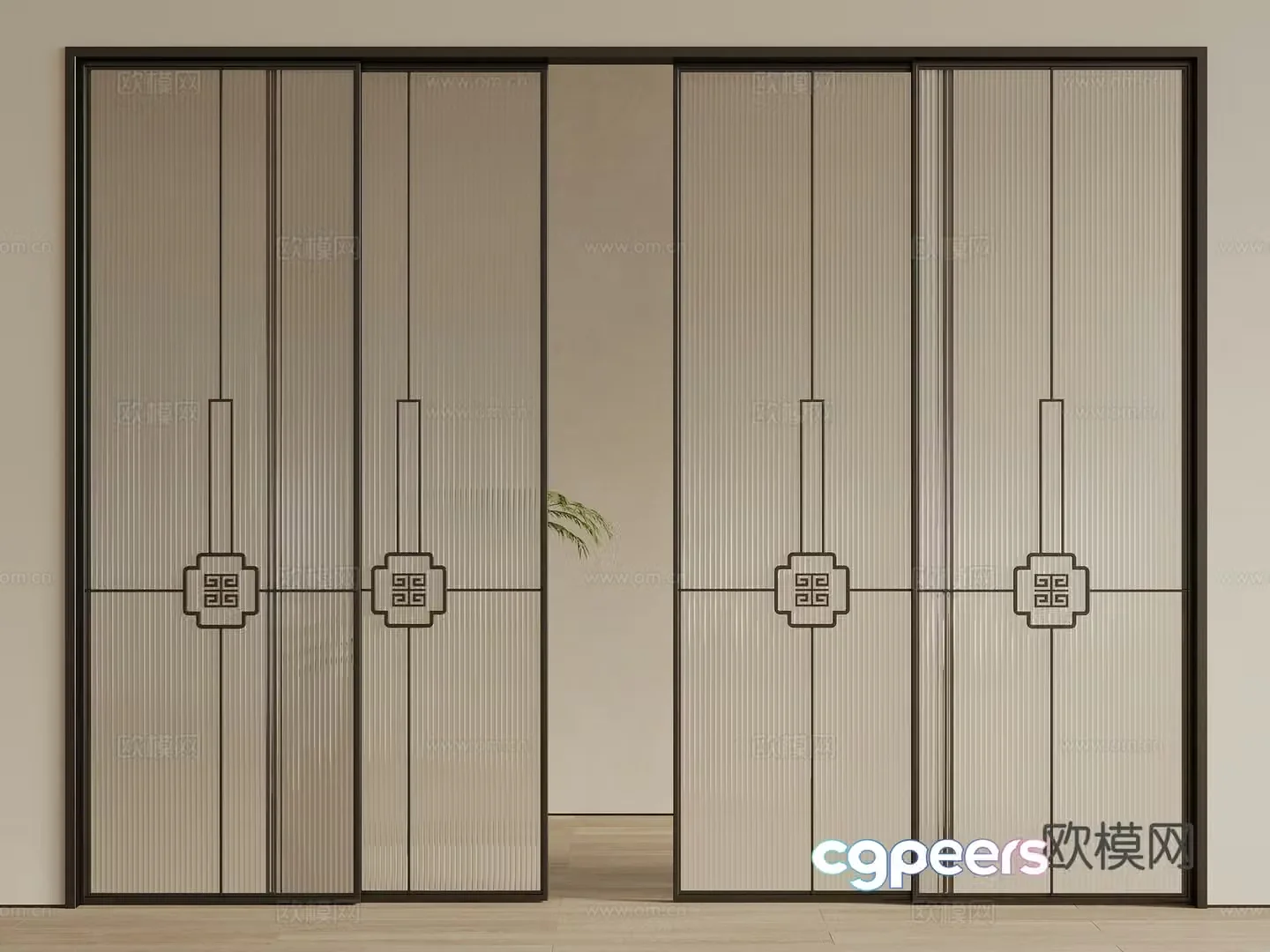 New Chinese style glass door sliding door 3d model