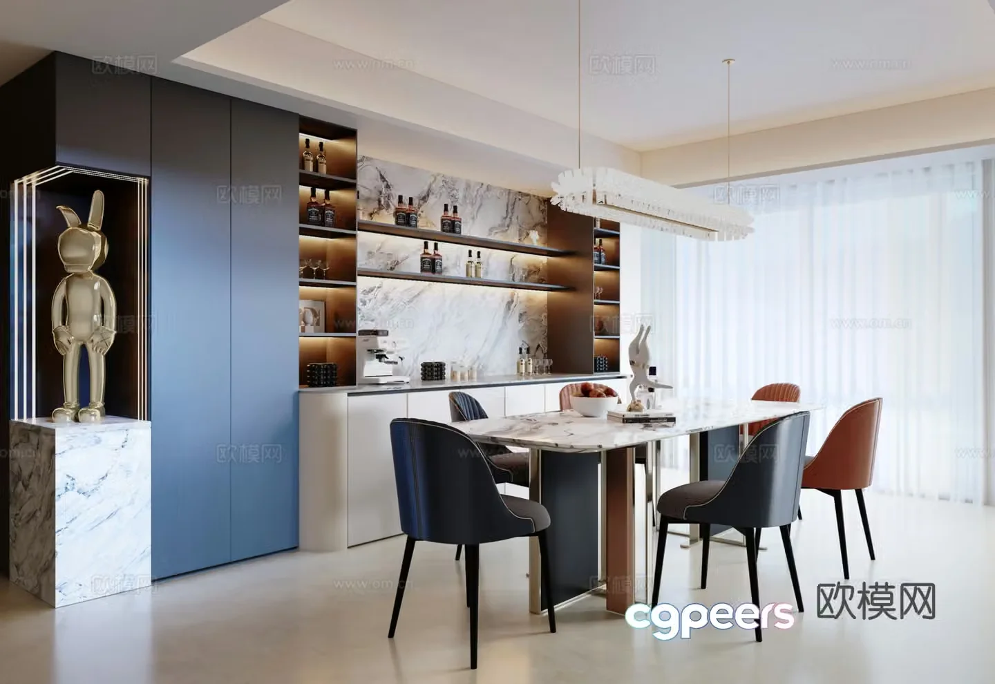 Modern Italian restaurant Italian sideboard Dining table and chairs Chandelier Sculpture 3D model
