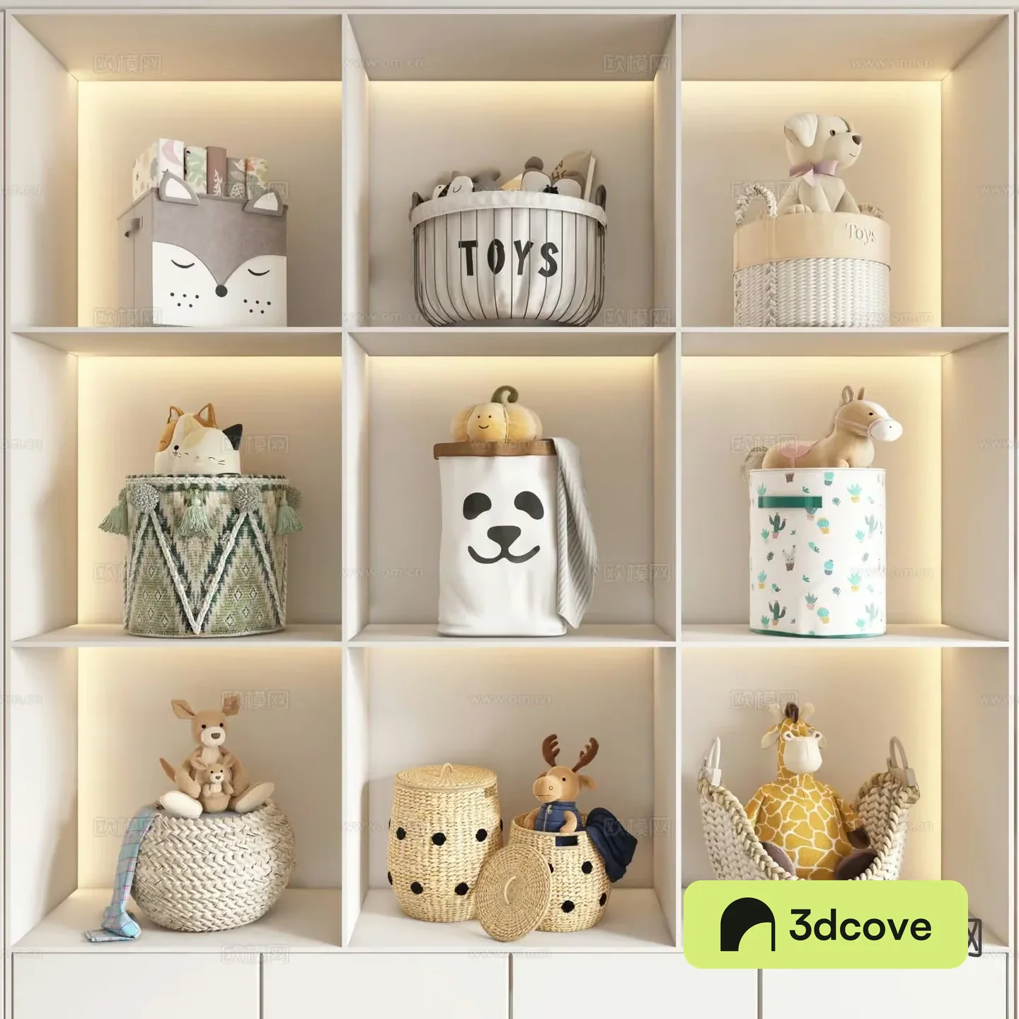 A White Toy Shelf With Various Toys And Storage Baskets