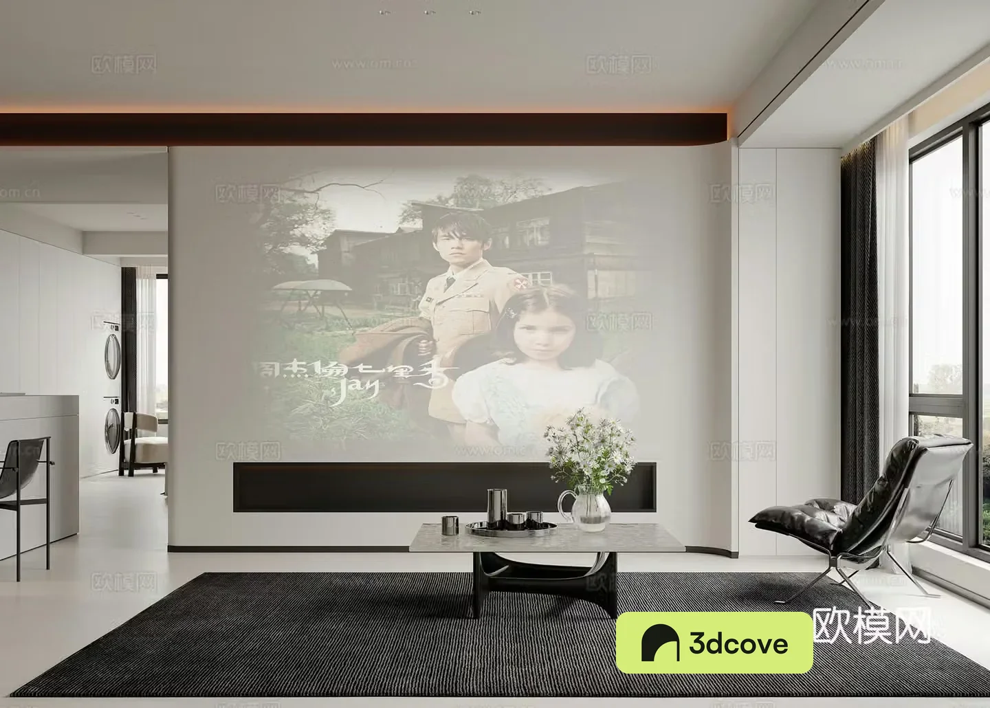Modern living room projector TV background wall TV cabinet modern living room simple black and white