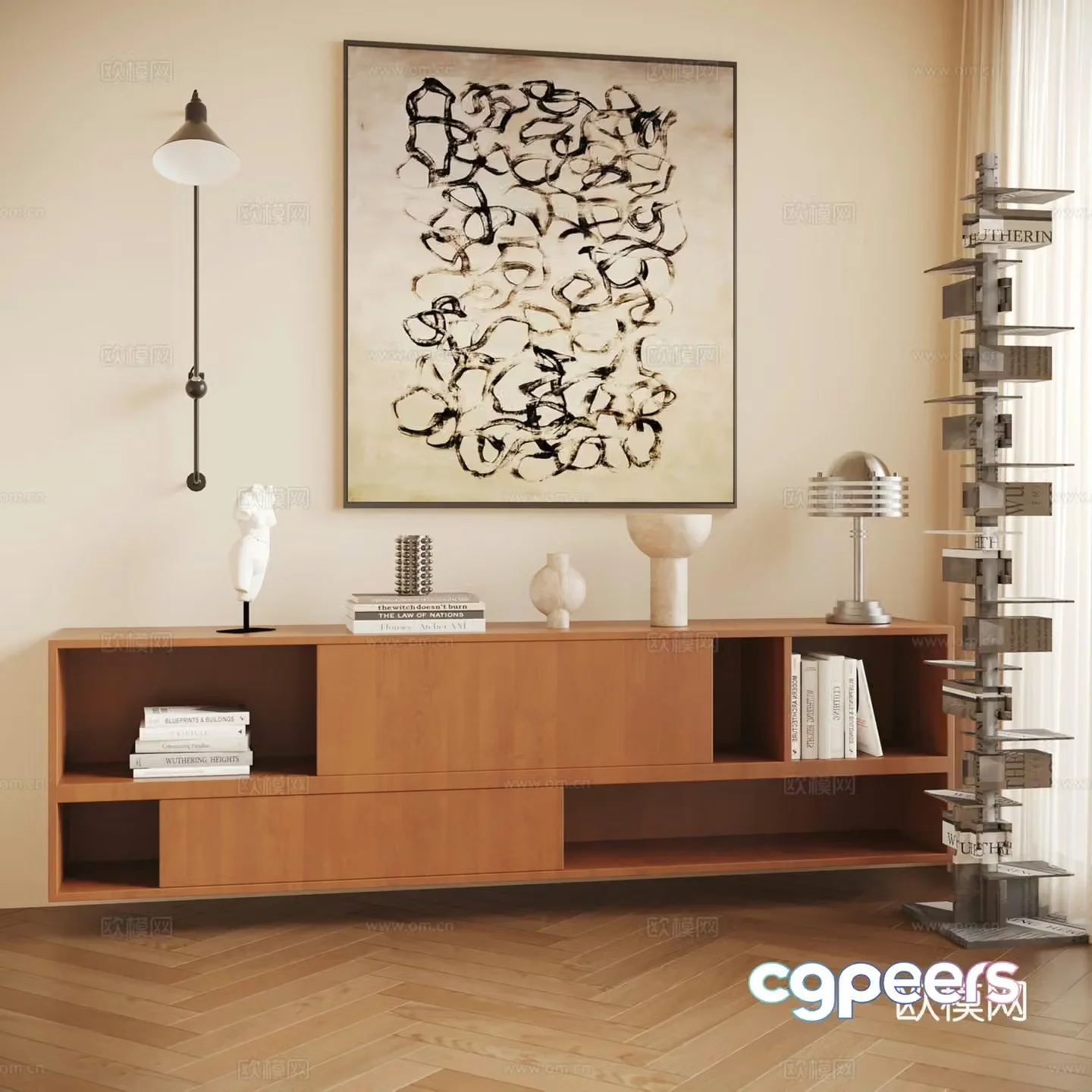 Wasabi Middle Style Side Cabinet Decoration Cabinet Wall-mounted Bookshelf Entrance Cabinet 3D Model