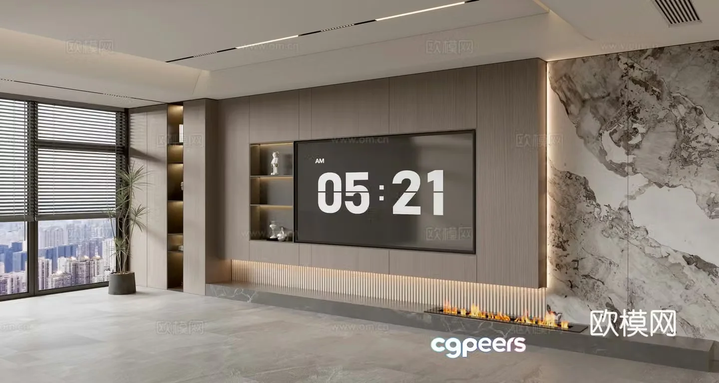 Modern Italian living room light luxury TV background wall full wall TV cabinet marble background wall 3d model