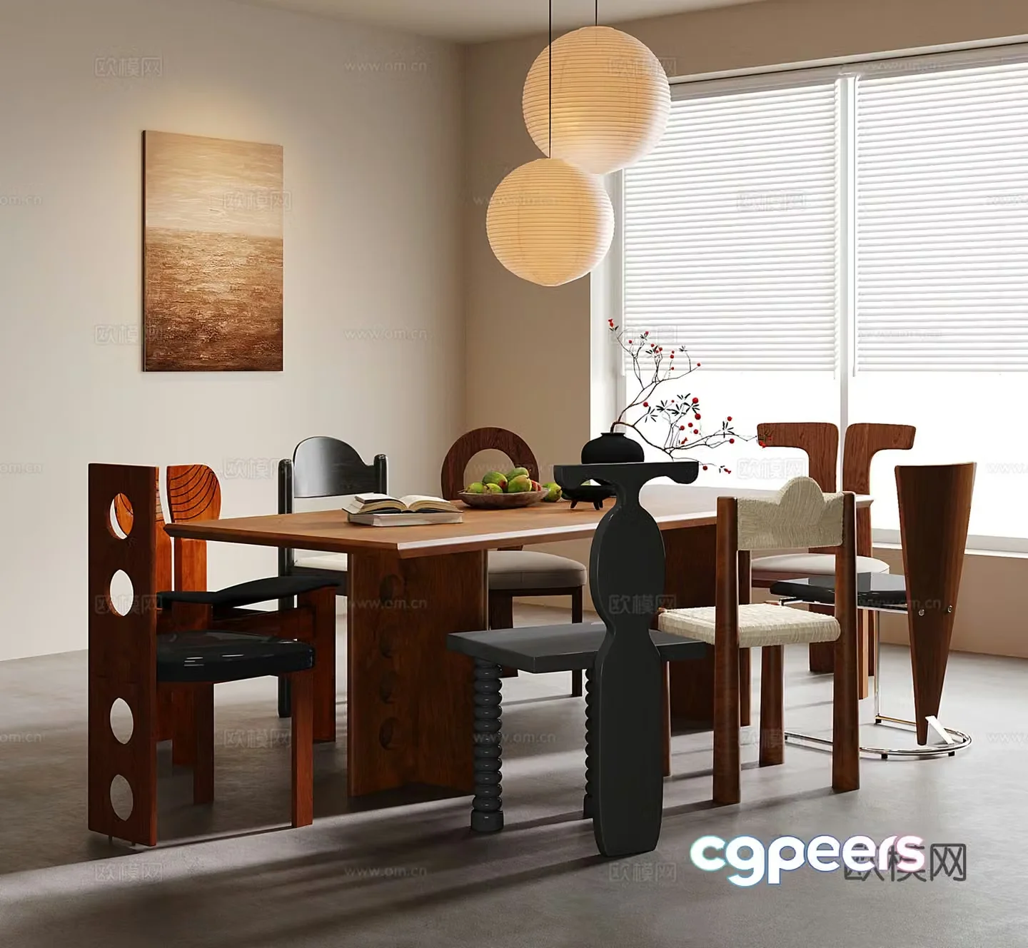 Middle style dining table and chair chandeliers decorative painting 3d model