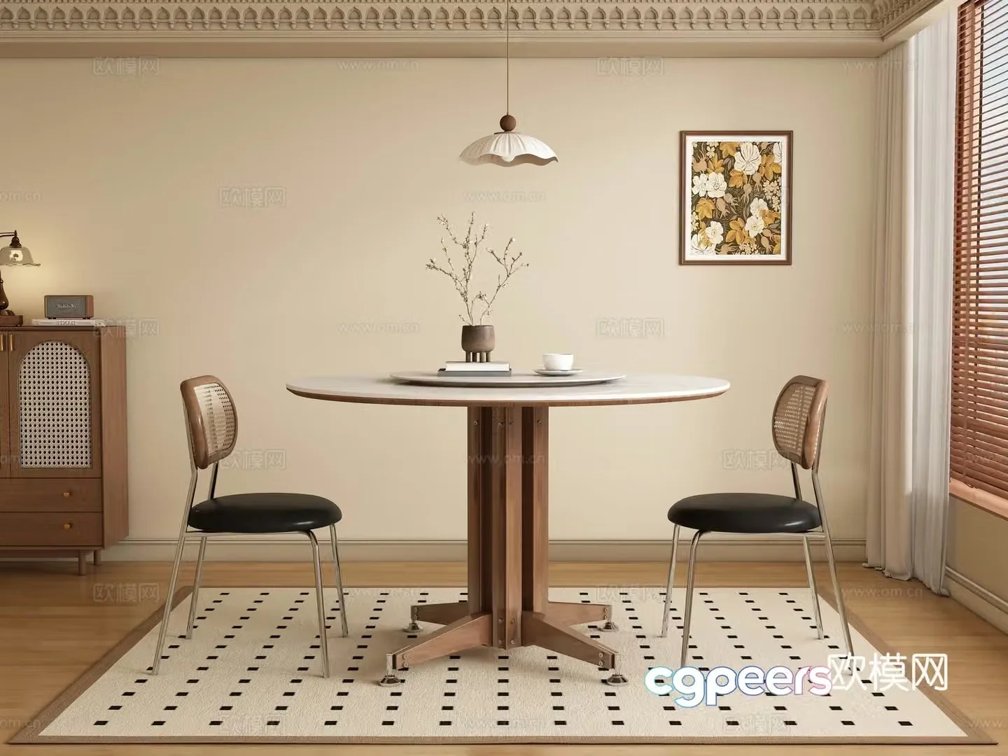 Middle style restaurant round dining table and chair 3D model