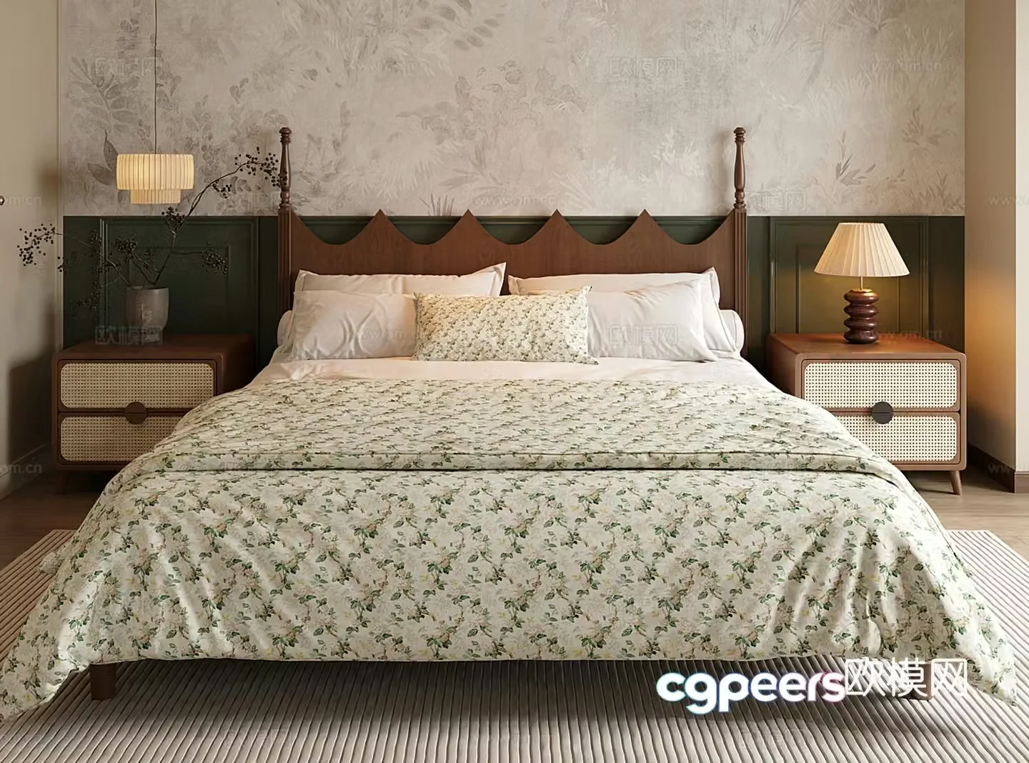 French double bed medieval wooden double bed bedside table 3D model
