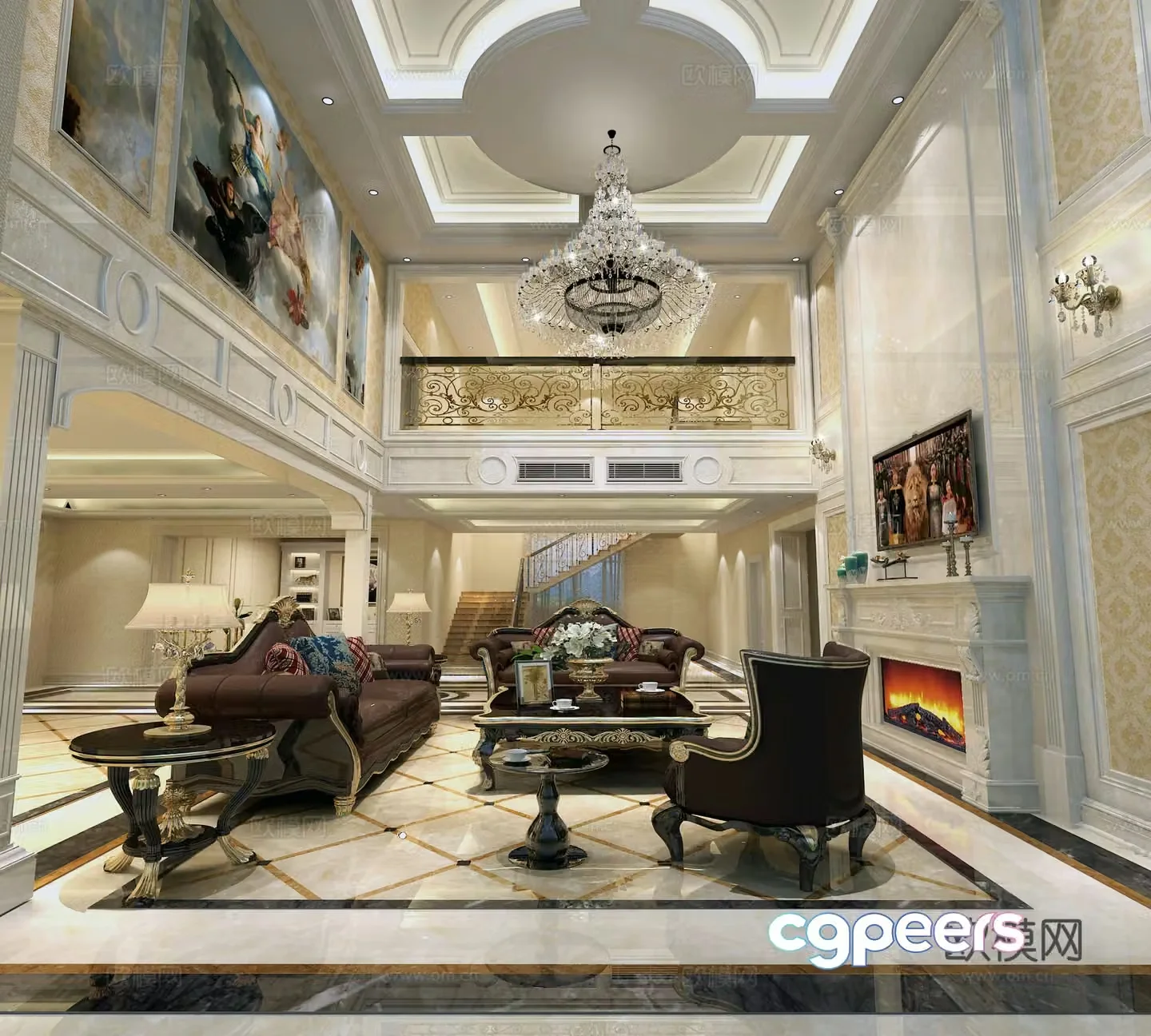Simple European style villa high living room special shape ceiling European background wall line fireplace floor 3D model
