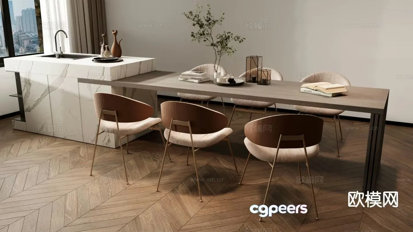 Simple dining table and chairs long dining table island dining table 3D model