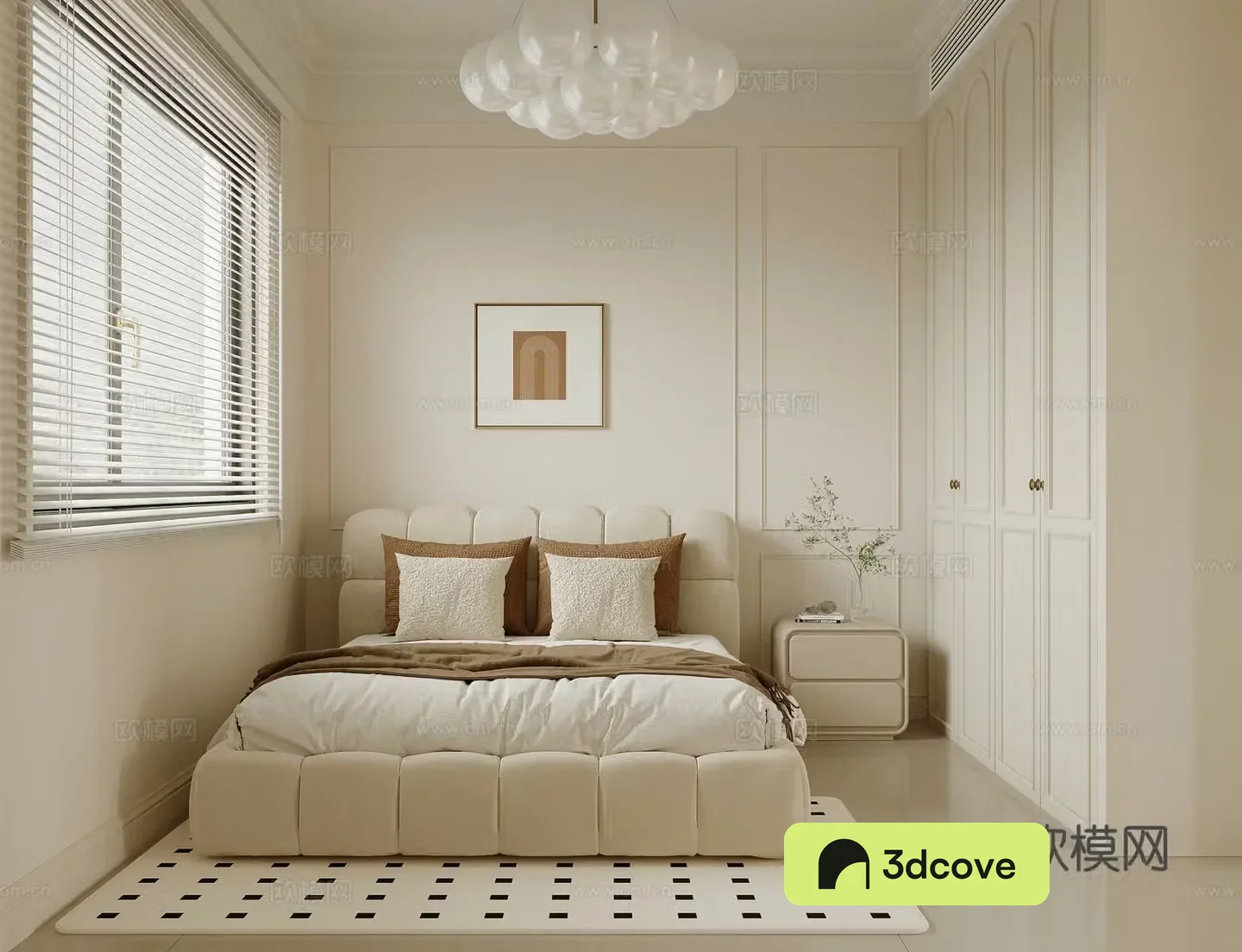 Home bedroom French creamy bedroom Double bed nightstand wardrobe